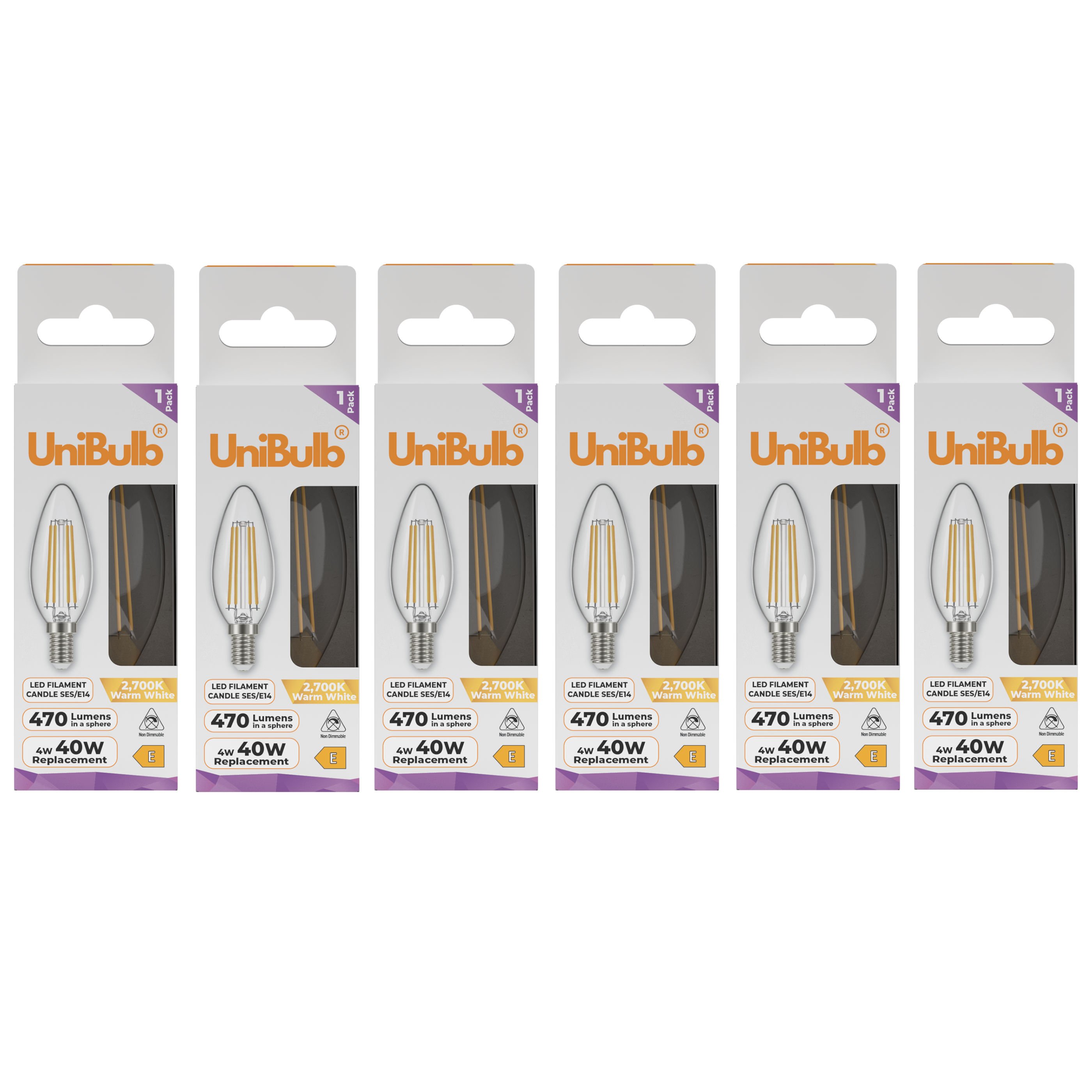 UniBulb 4W LED Warm White Filament Candle E14 Light Bulb - Pack of 6