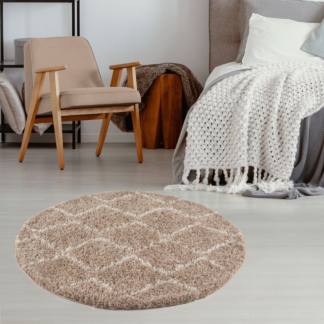 The Rugs Beige Moroccan Shaggy Zigzag Round Rug - 120cm