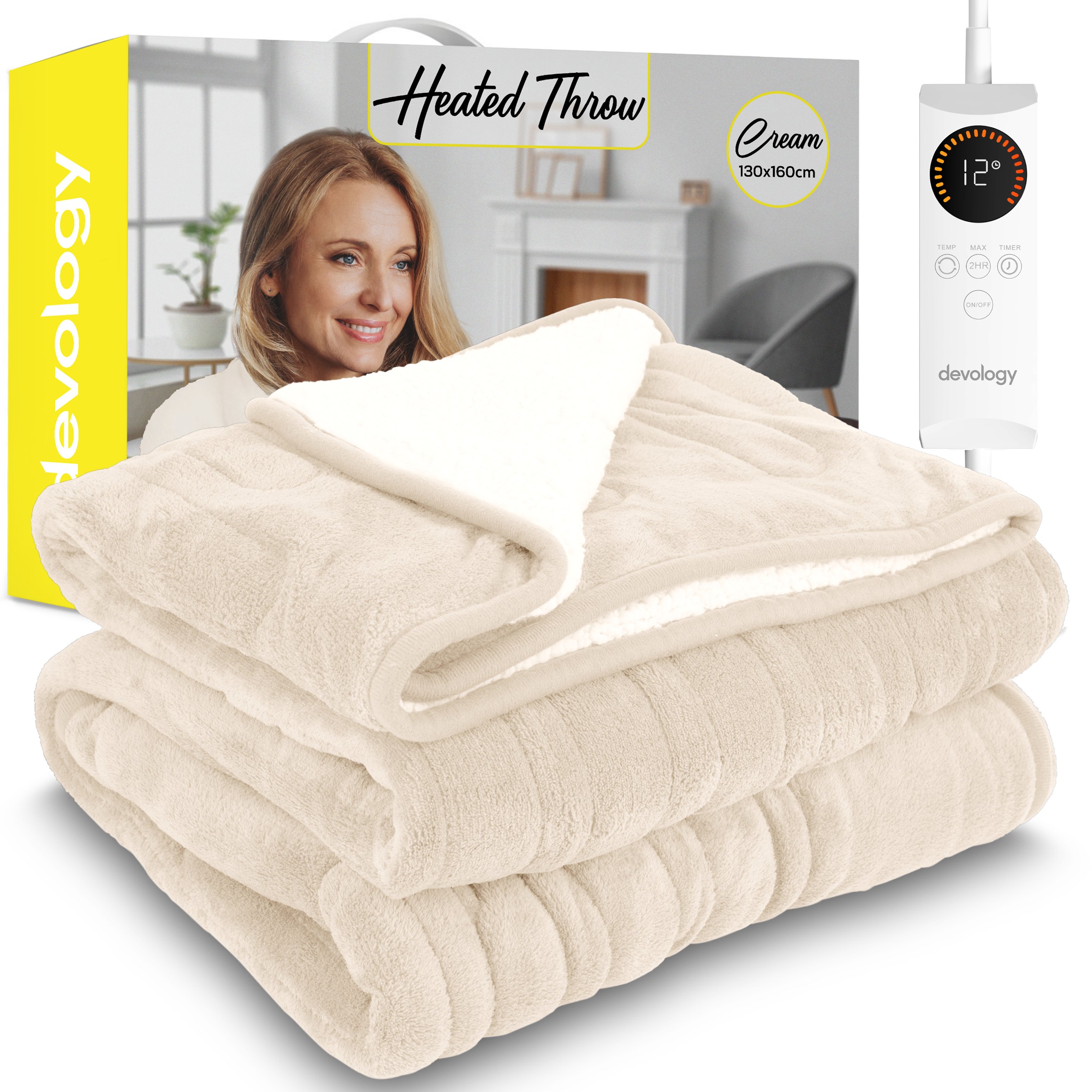 Devology Cream Shearling Electric Blanket Throw 6 Settings - Single