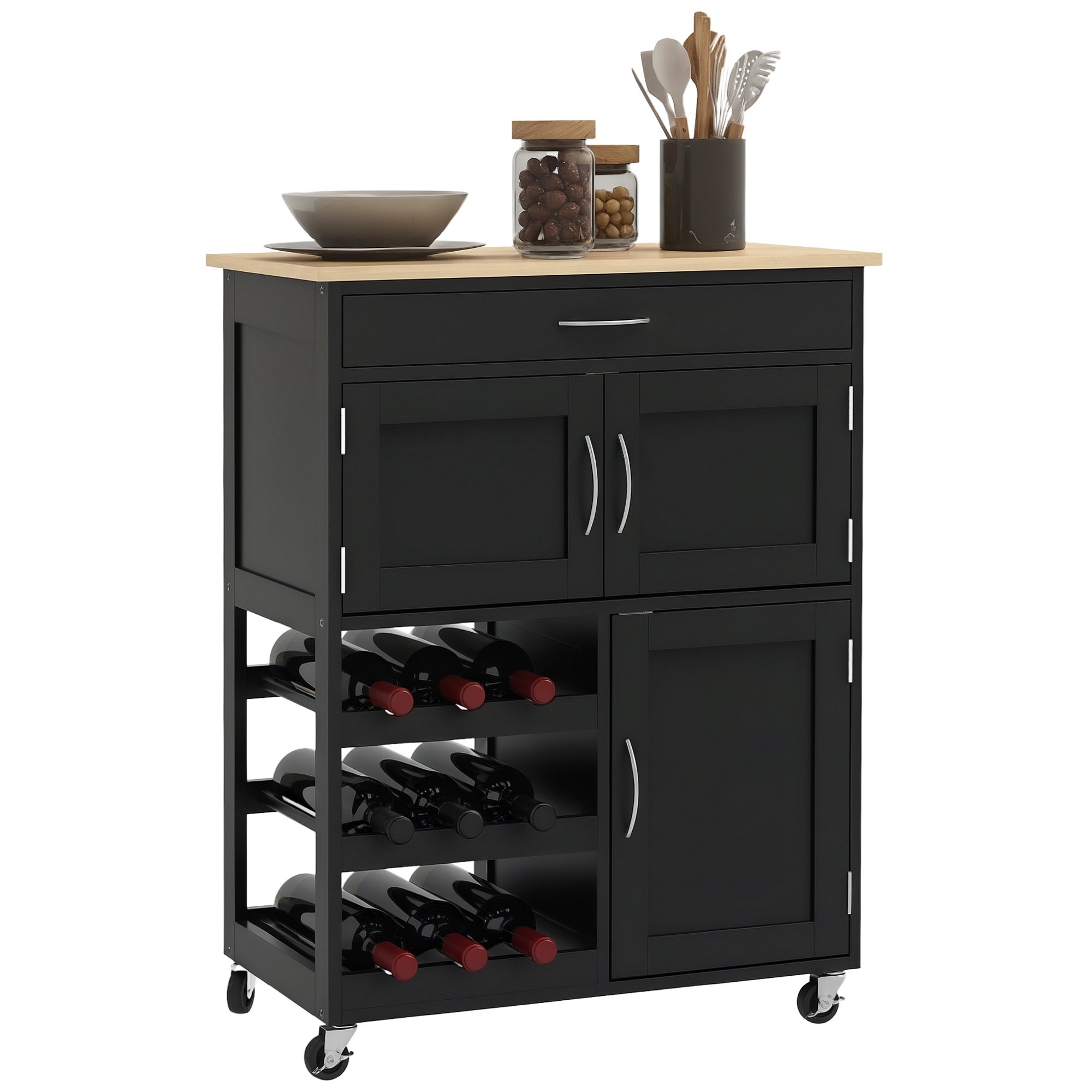 HOMCOM Modern Kitchen Trolle with Drawer and 9 bottle Wine Rack - Black