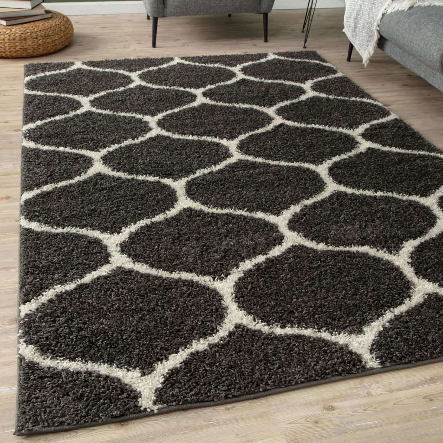 The Rugs Dark Grey Moroccan Shaggy Trellis Rug - 60 x 110cm