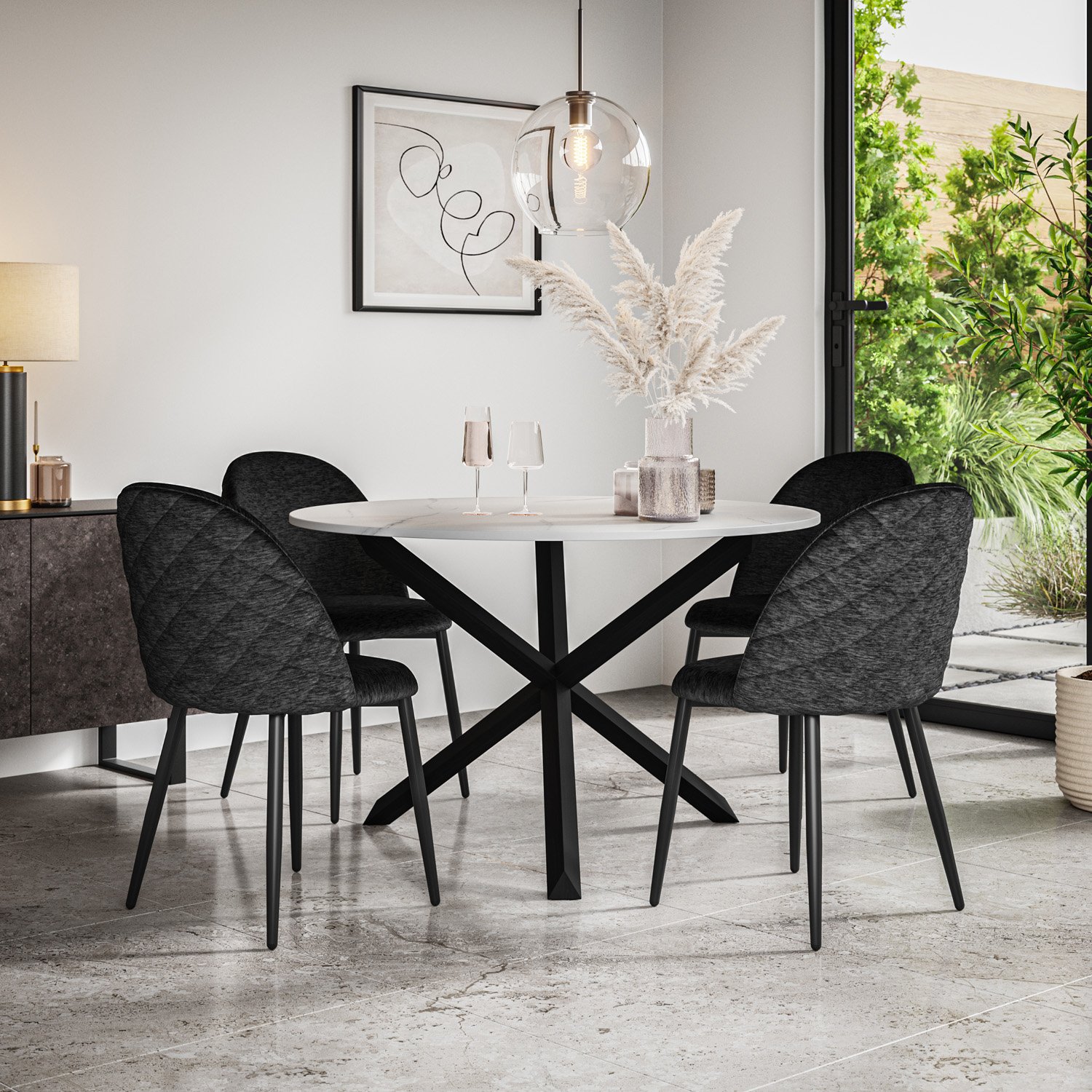 Furniture Online Malvern Marble Effect Dining Table & 4 Raye Black Chairs