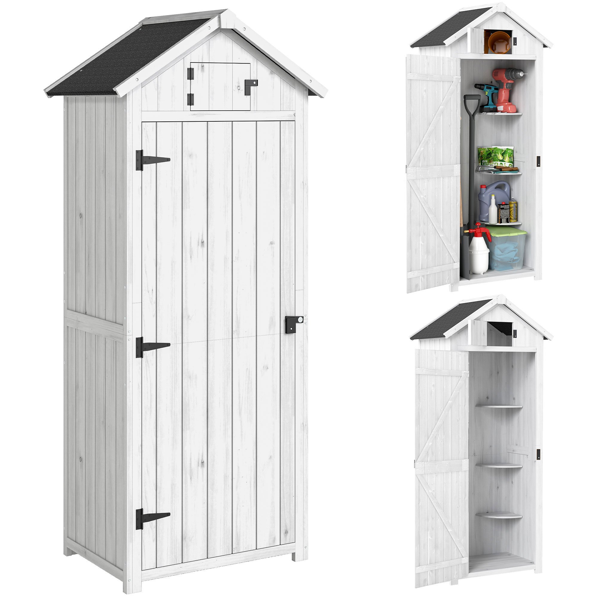 Outsunny Fir Wood 3 Shelf Garden Shed – Light Grey