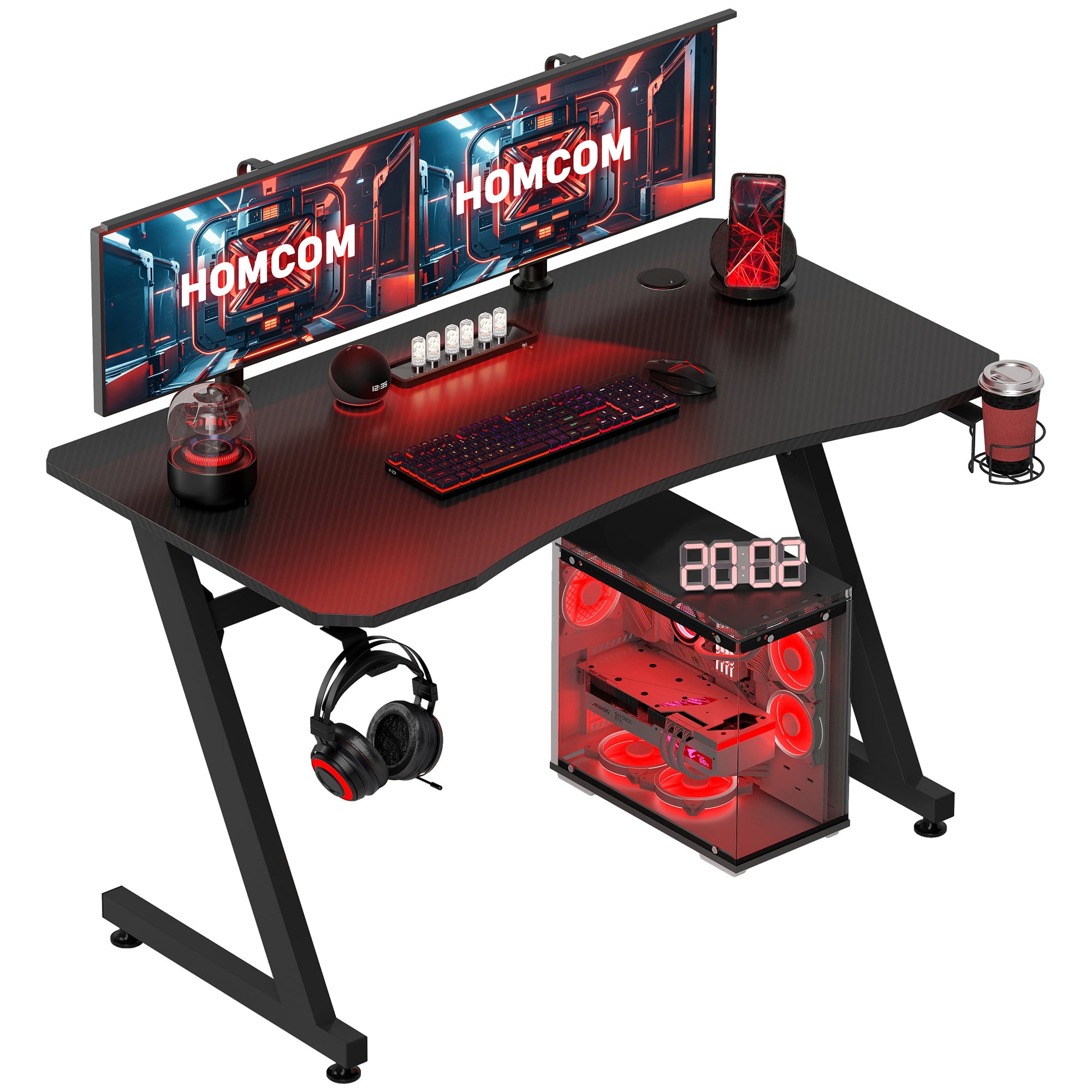 HOMCOM Gaming Desk with Steel Frame and Cup Holder - Black