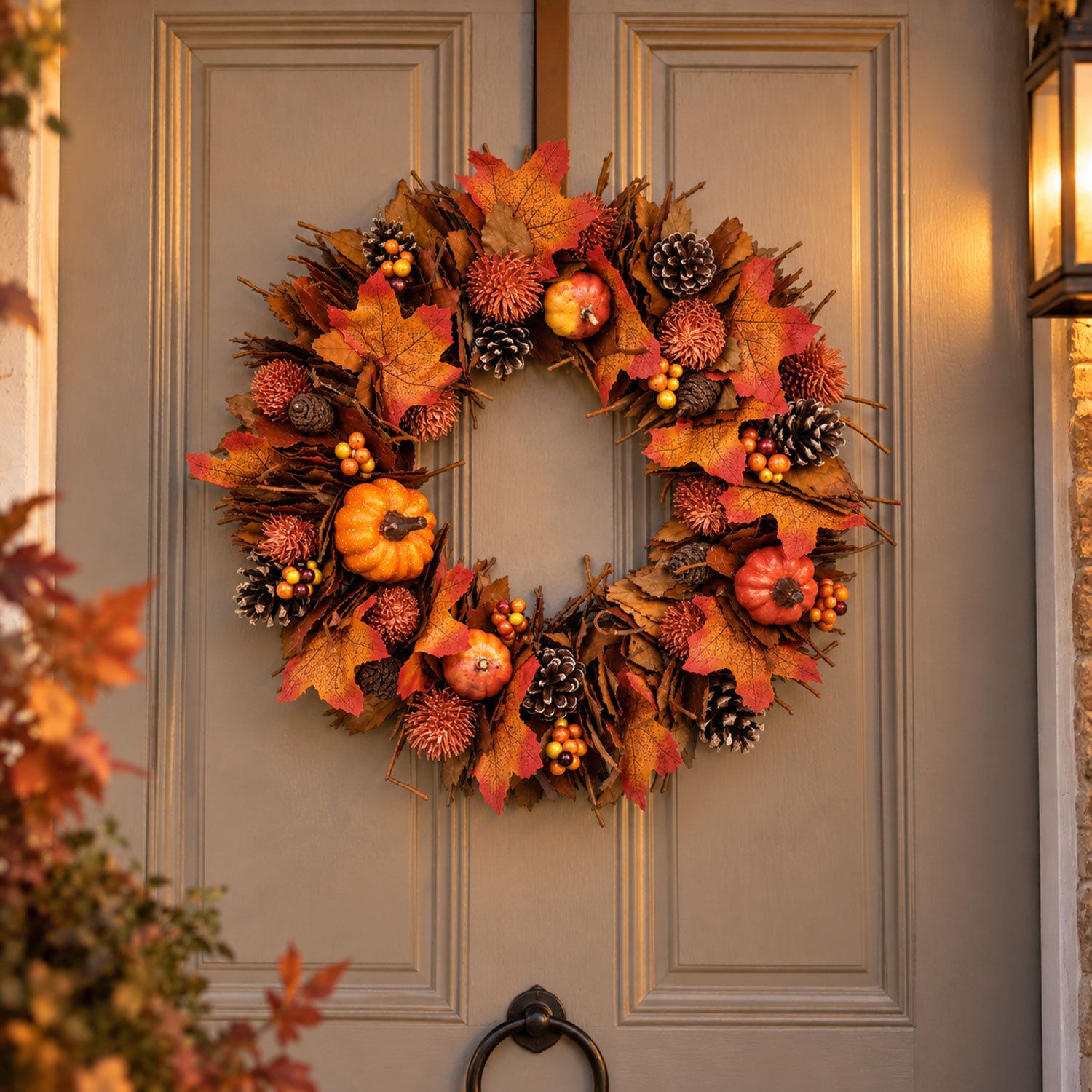 Neo 50cm Autumn Wreath with Pumpkins Pinecones Berries and Maple Leaves