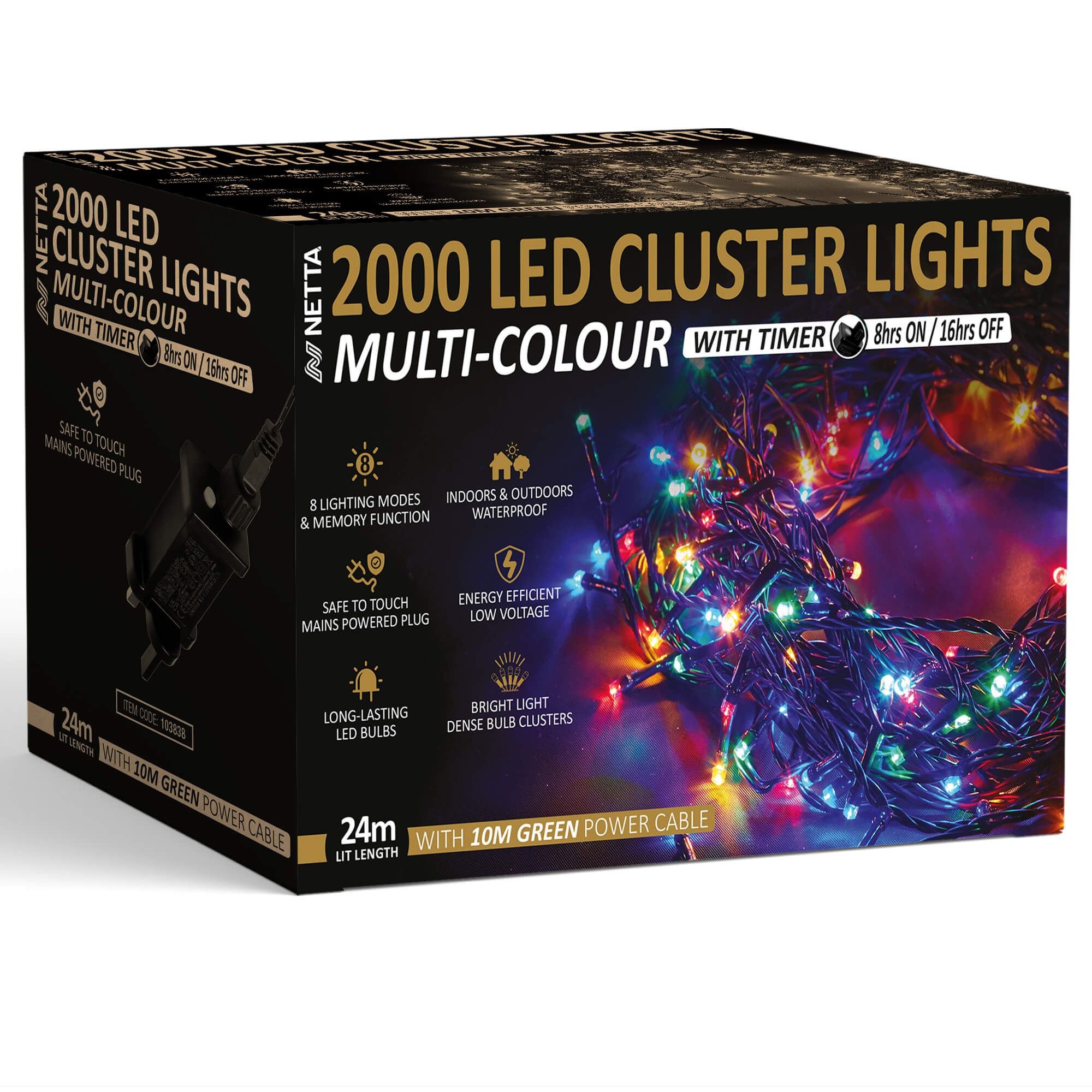 NETTA 2000 LED 24m Christmas Cluster String Lights with Timer - Multicolour