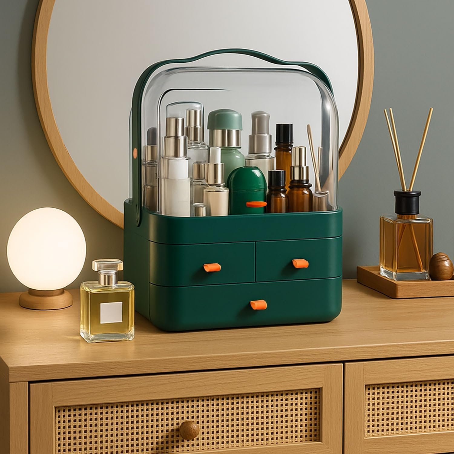 Neo Acrylic Makeup Storage Organiser with Lid & Drawers - Green