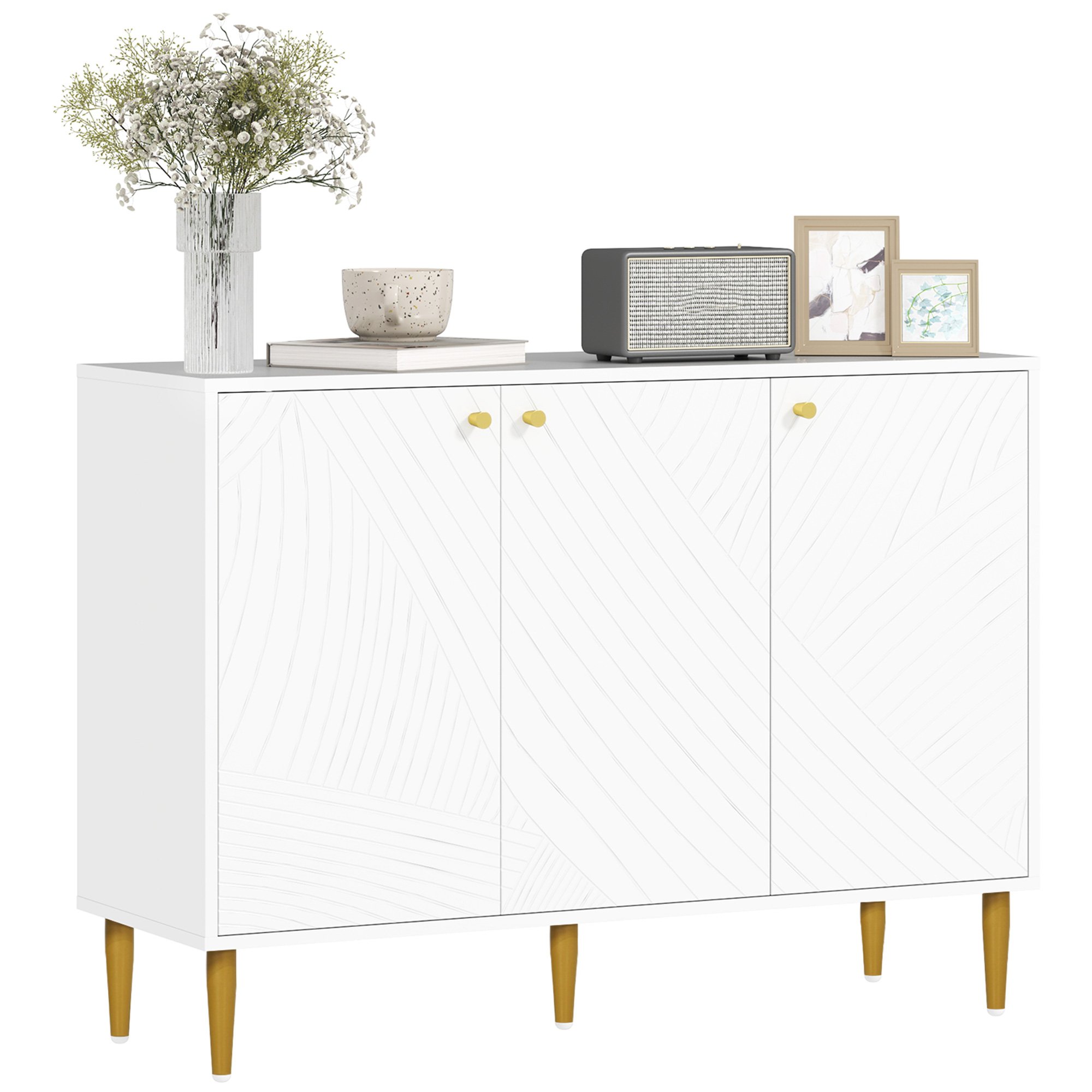 HOMCOM Modern Adjustable Storage Sideboard with Carved Line Doors - White