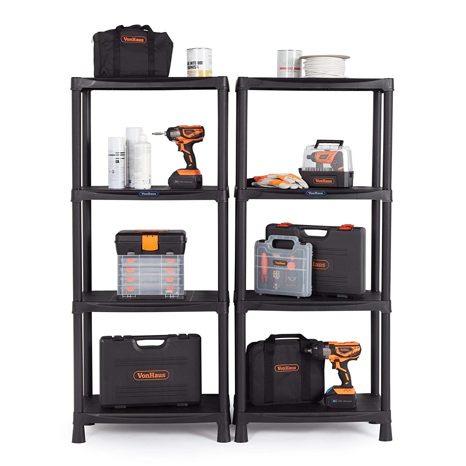 VonHaus Pack of 2 4 Tier Plastic Shelving Units - Black
