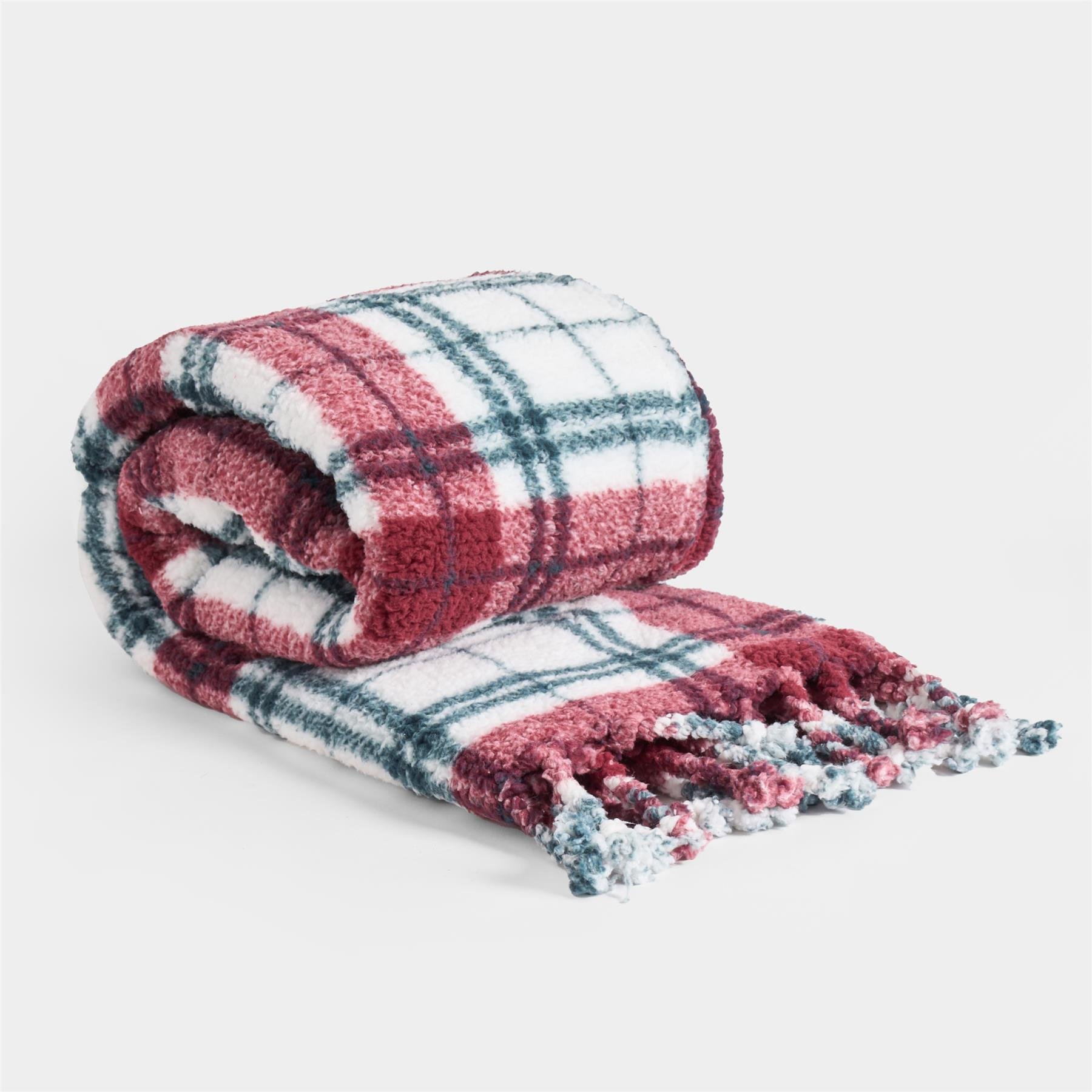OHS Check Tassel Sherpa Blanket Throw 120 x 150cm - Red/Green