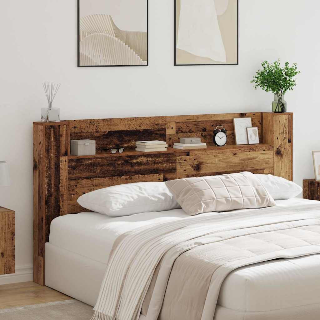 Walplus Engineered Wood LED Storage Headboard - Dark Wood - 200 x 15 x 103.5 cm