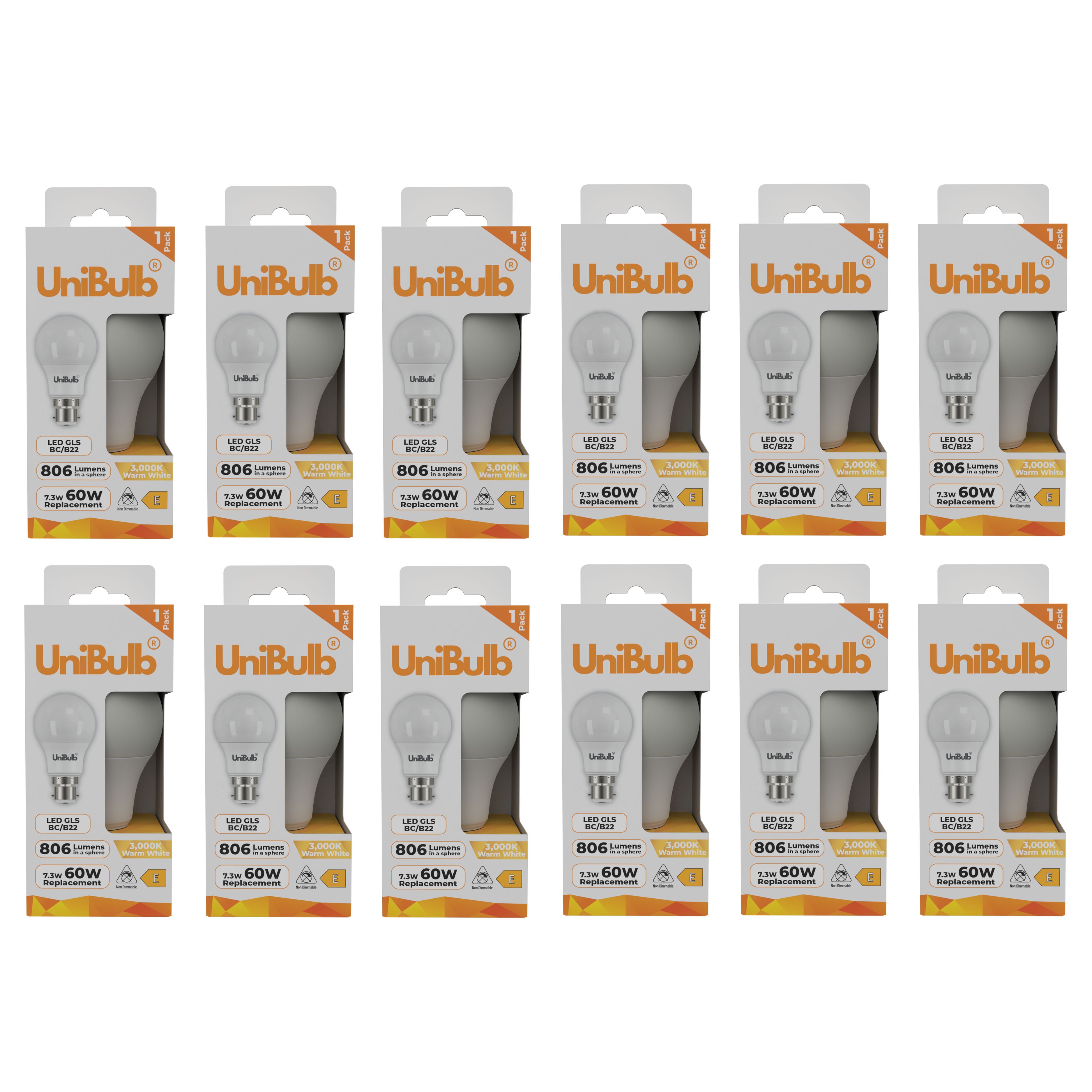 UniBulb 7.3W LED Warm White GLS B22 Light Bulb - Pack of 12