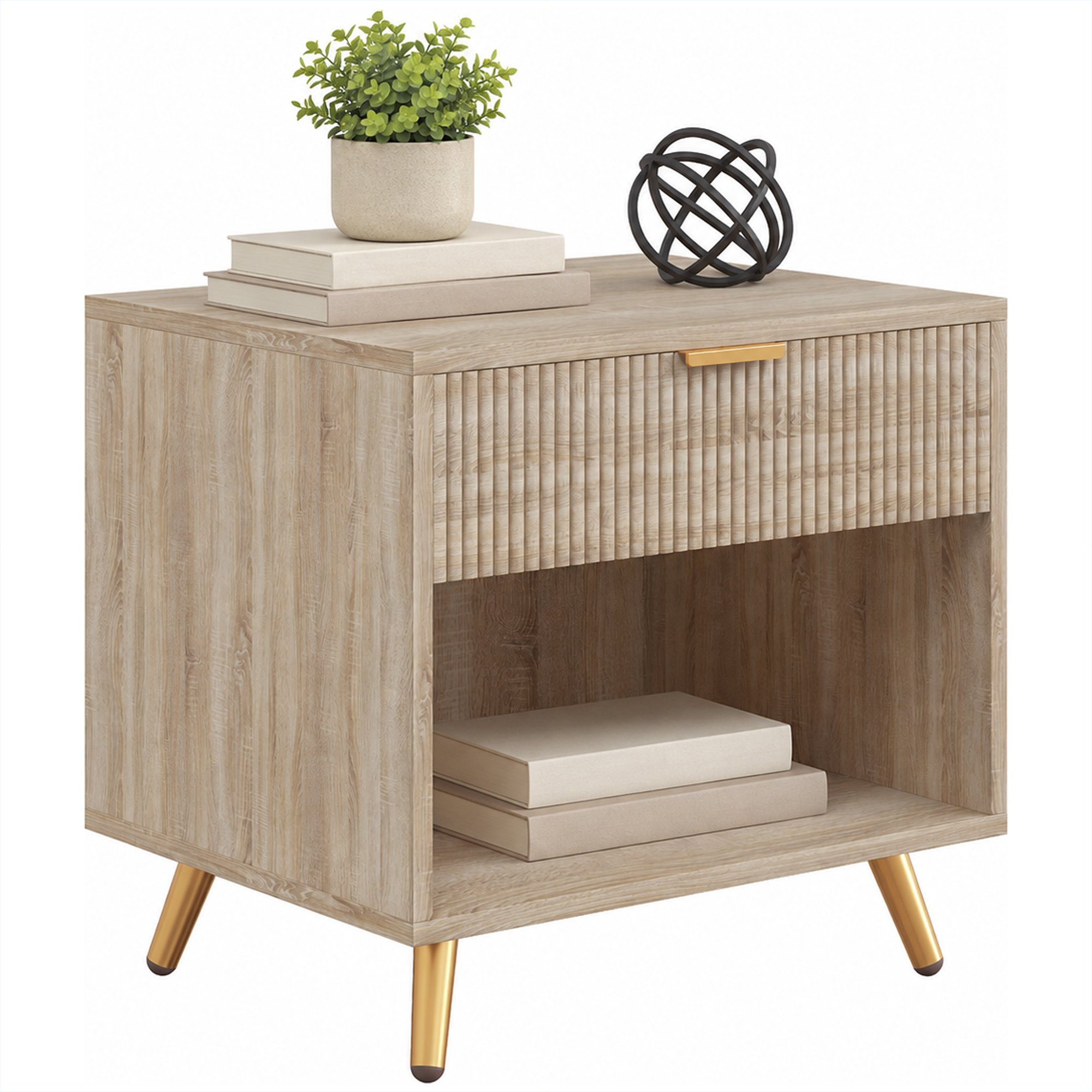 HOMCOM Bedside Table With Drawer and Open Compartment - Natural Wood Finish