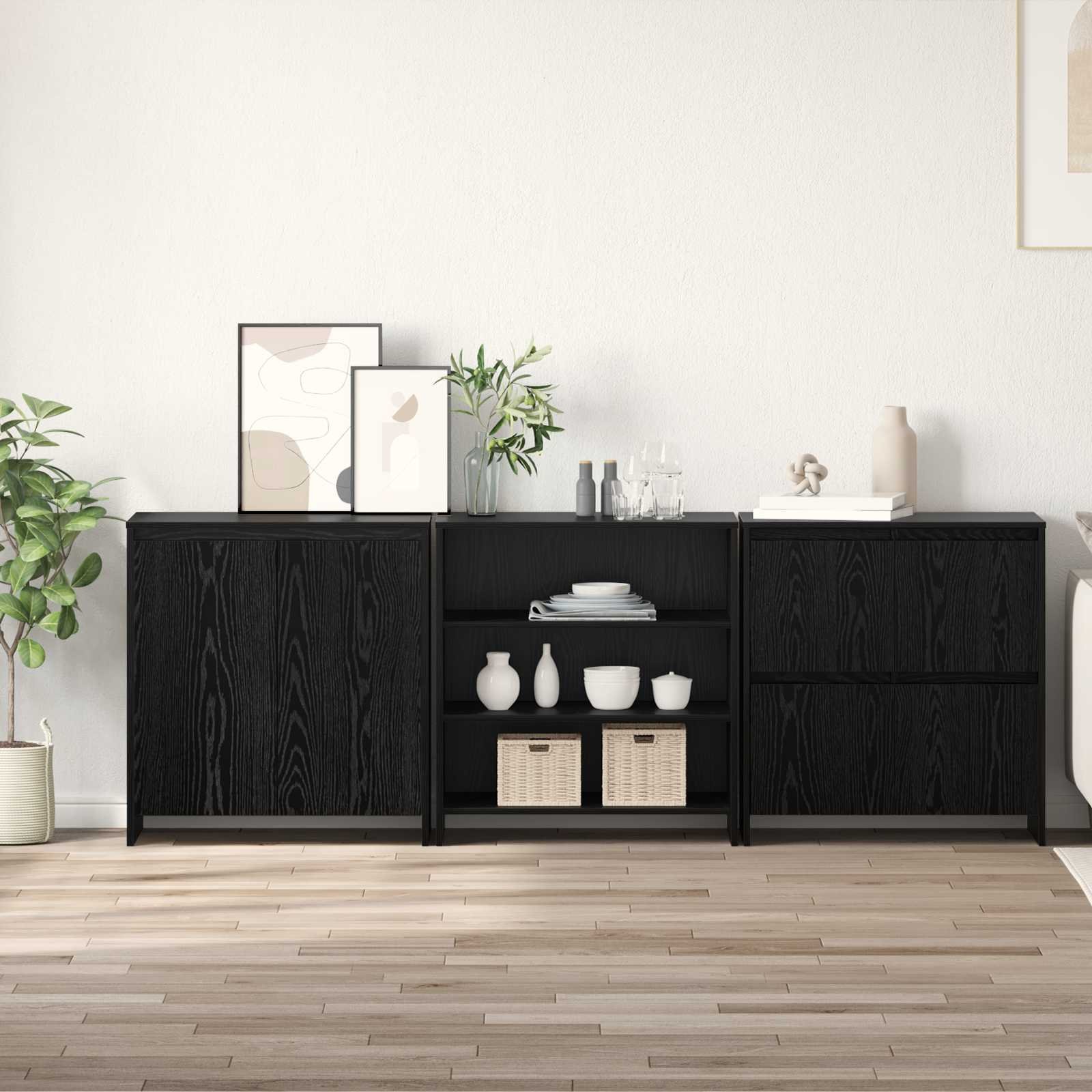 Walplus 3 Piece Engineered Wood Sideboard - Black Ash - 70 x 41 x 75 cm