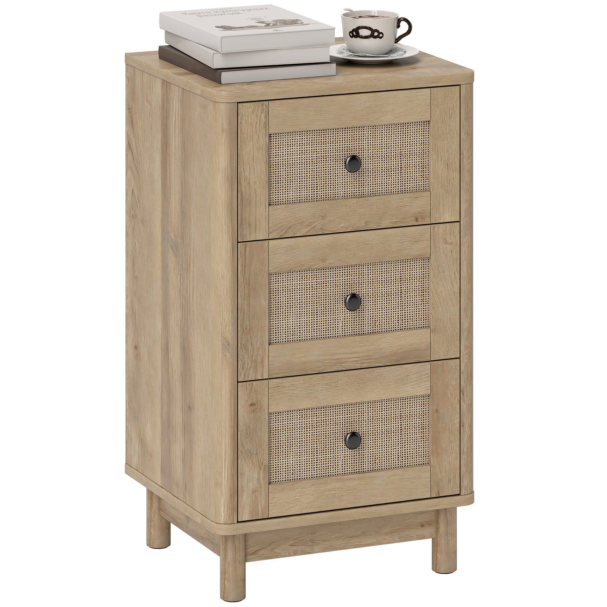 HOMCOM Rattan 3 Drawer Chest with Pine Wood Legs - Oak