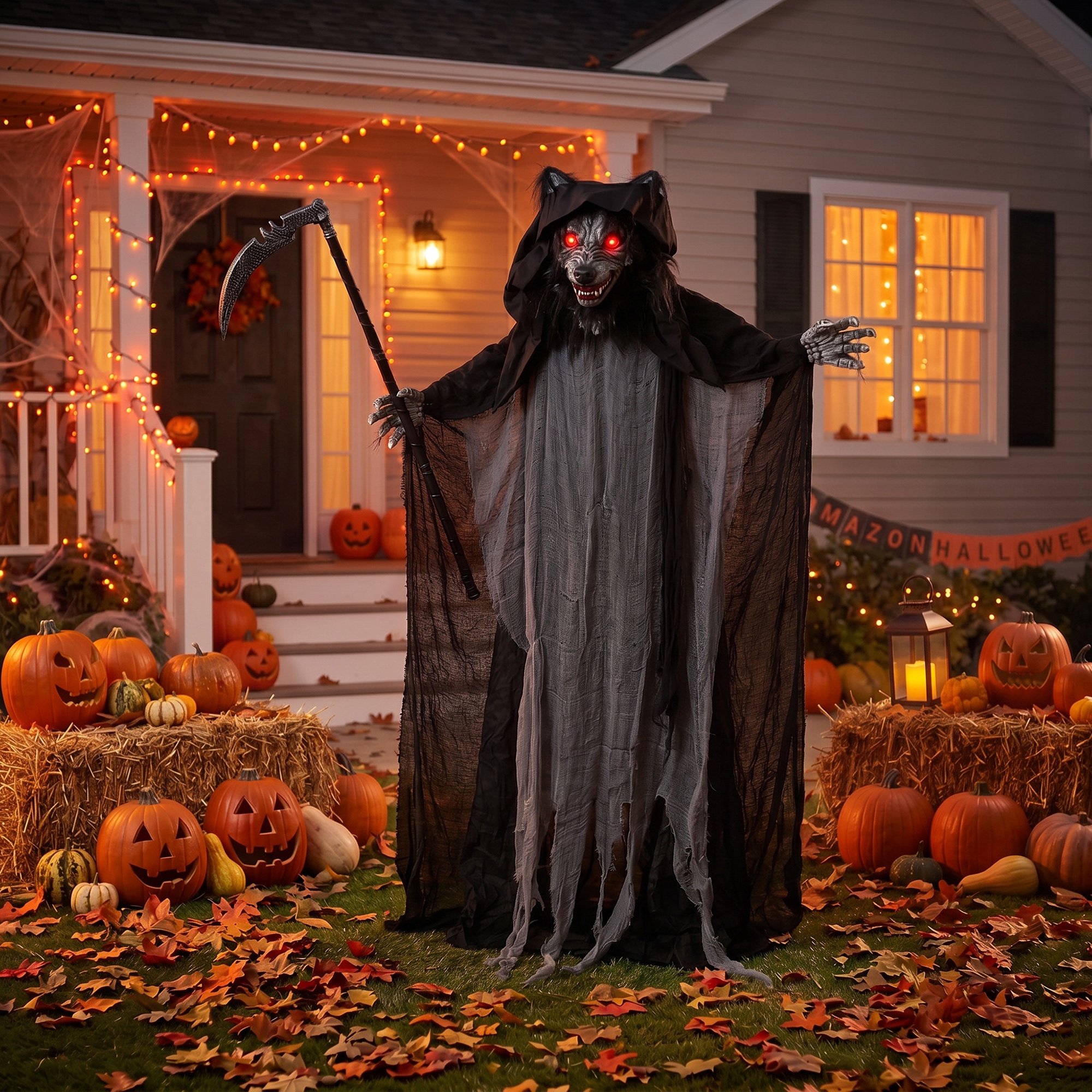 HOMCOM 5.6ft Animated Halloween Standing Werewolf with Sickle Decoration