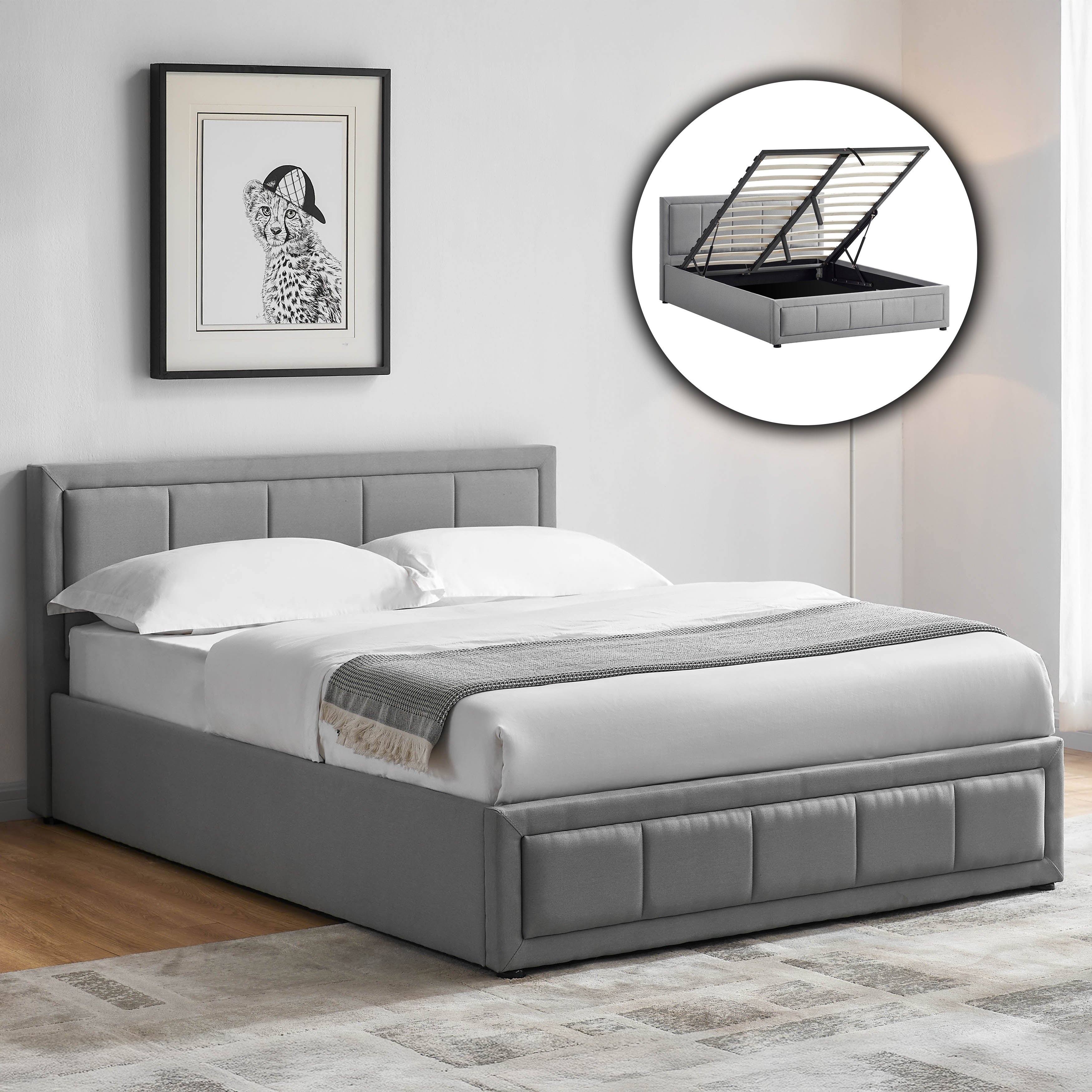 Vida Designs Vanita Double Ottoman Fabric Bed - Light grey