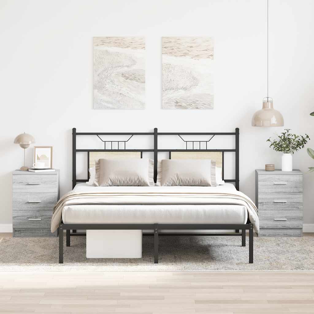 Walplus Pack of 2 3 Drawer Bedside Cabinet - Grey and Oak - 38 x 35 x 56 cm