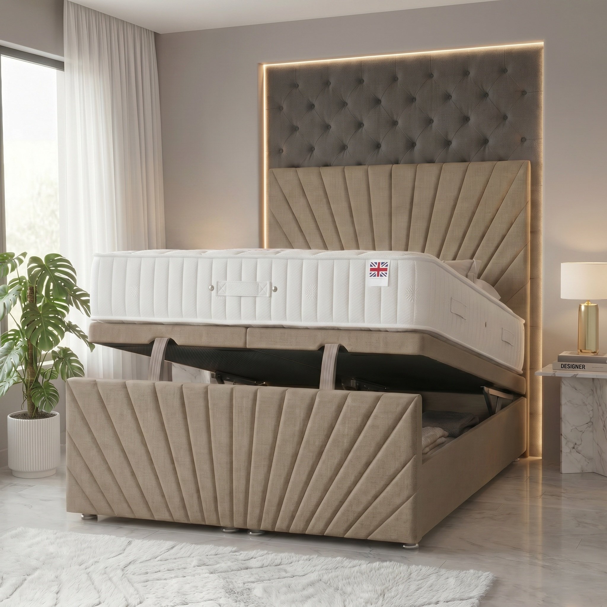 Somnior Linen King Ottoman Divan Bed with Memory Mattress - Wheat