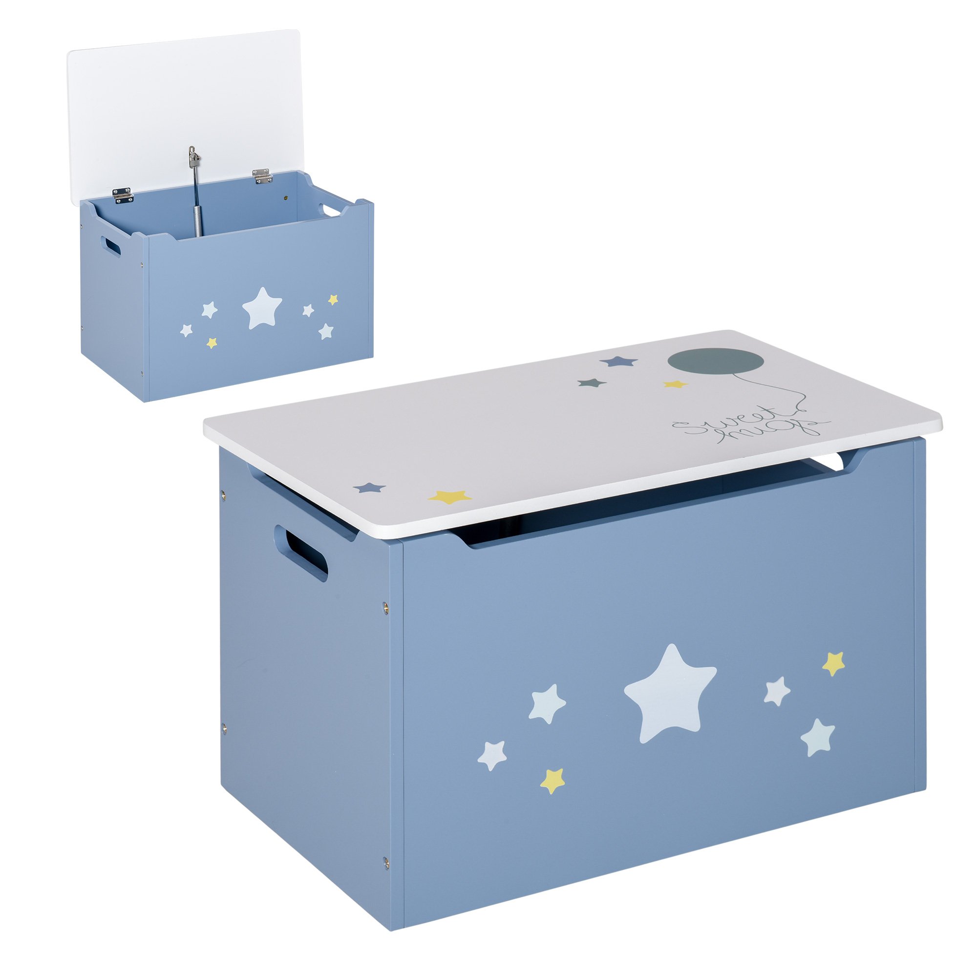 HOMCOM Single Wooden Toy Box with Lid Kids Storage Bench - Blue White