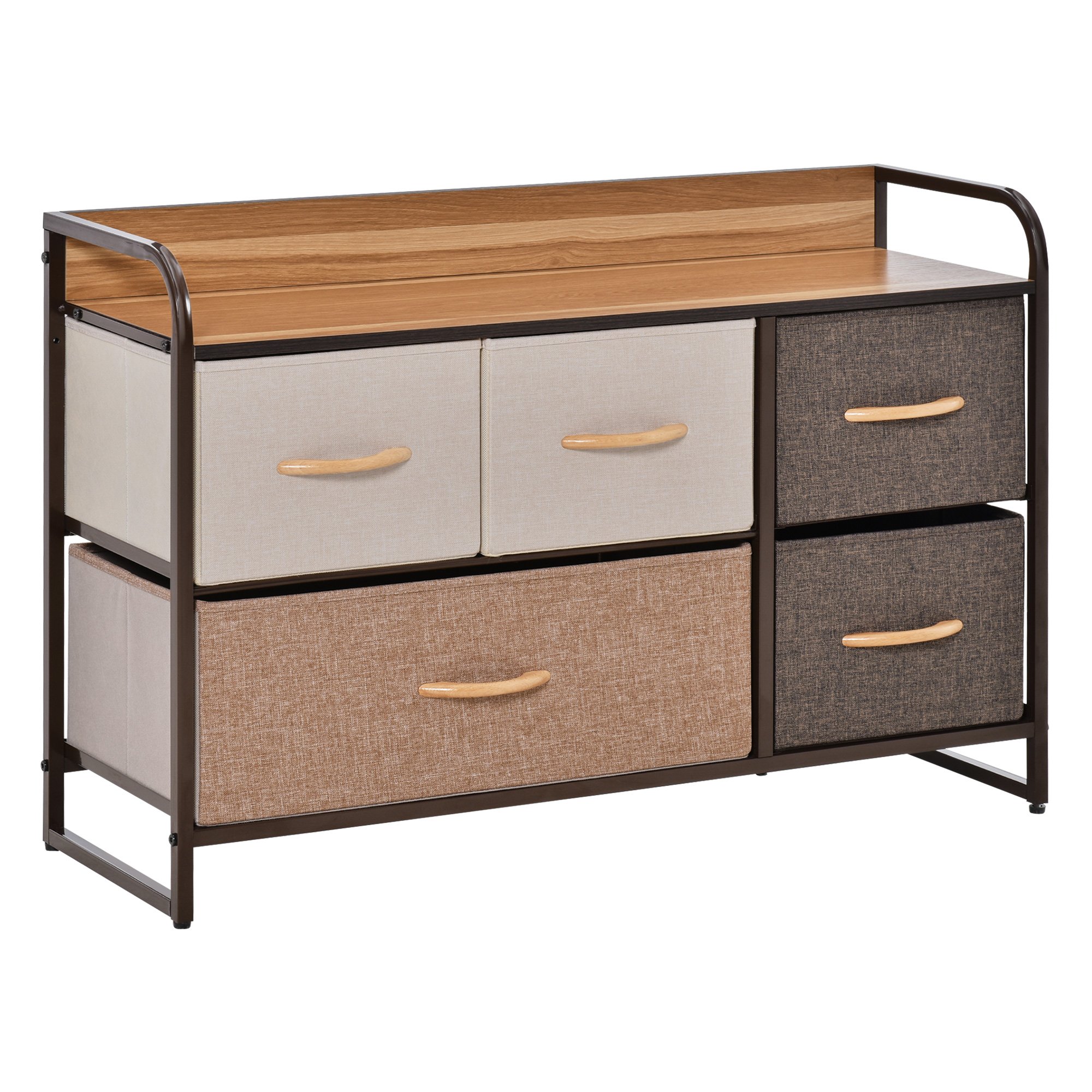 HOMCOM 5 Drawer Linen Fabric Dresser with Steel Frame and Wooden Top