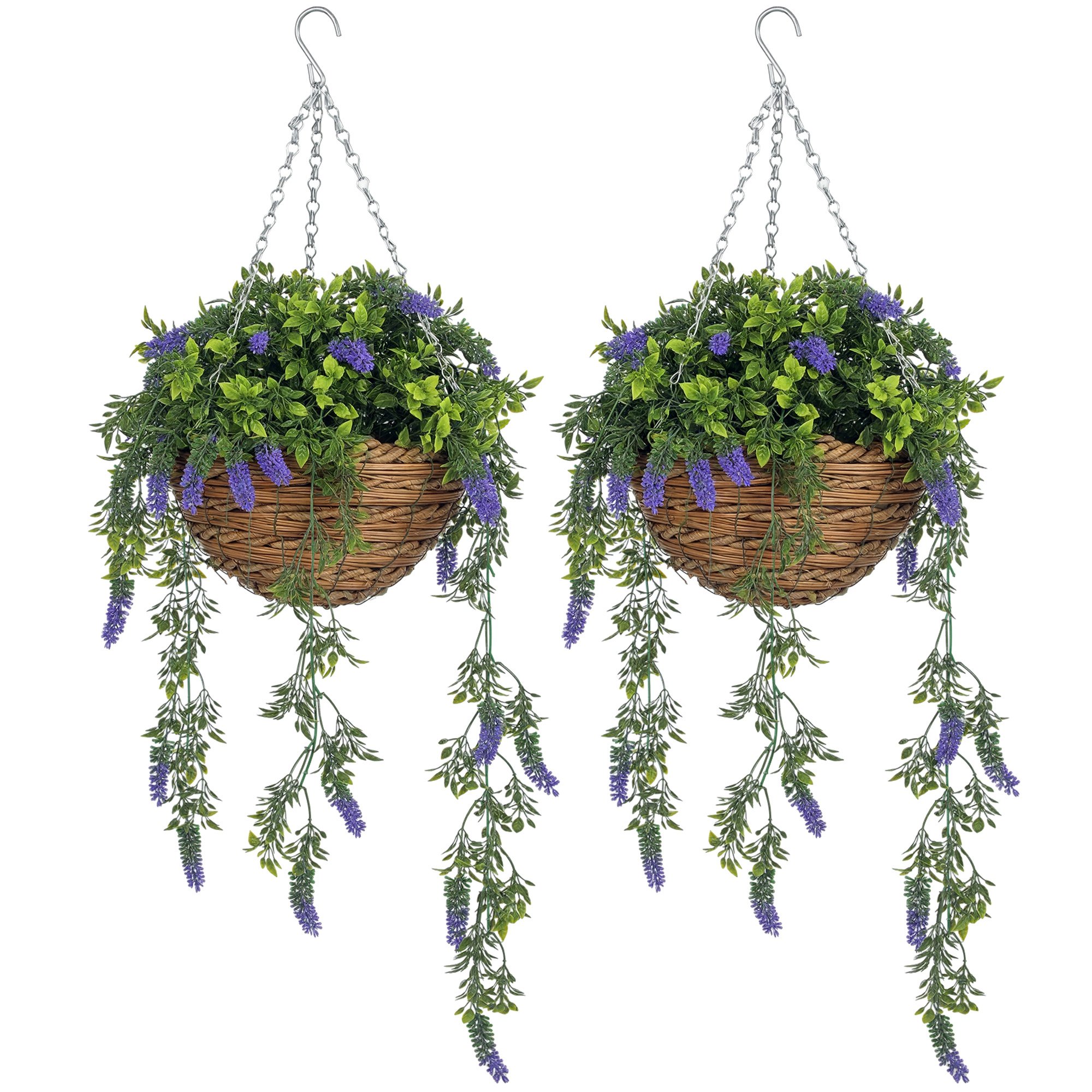 HOMCOM Set of 2 Hanging Lavender Flowers with Basket- Purple