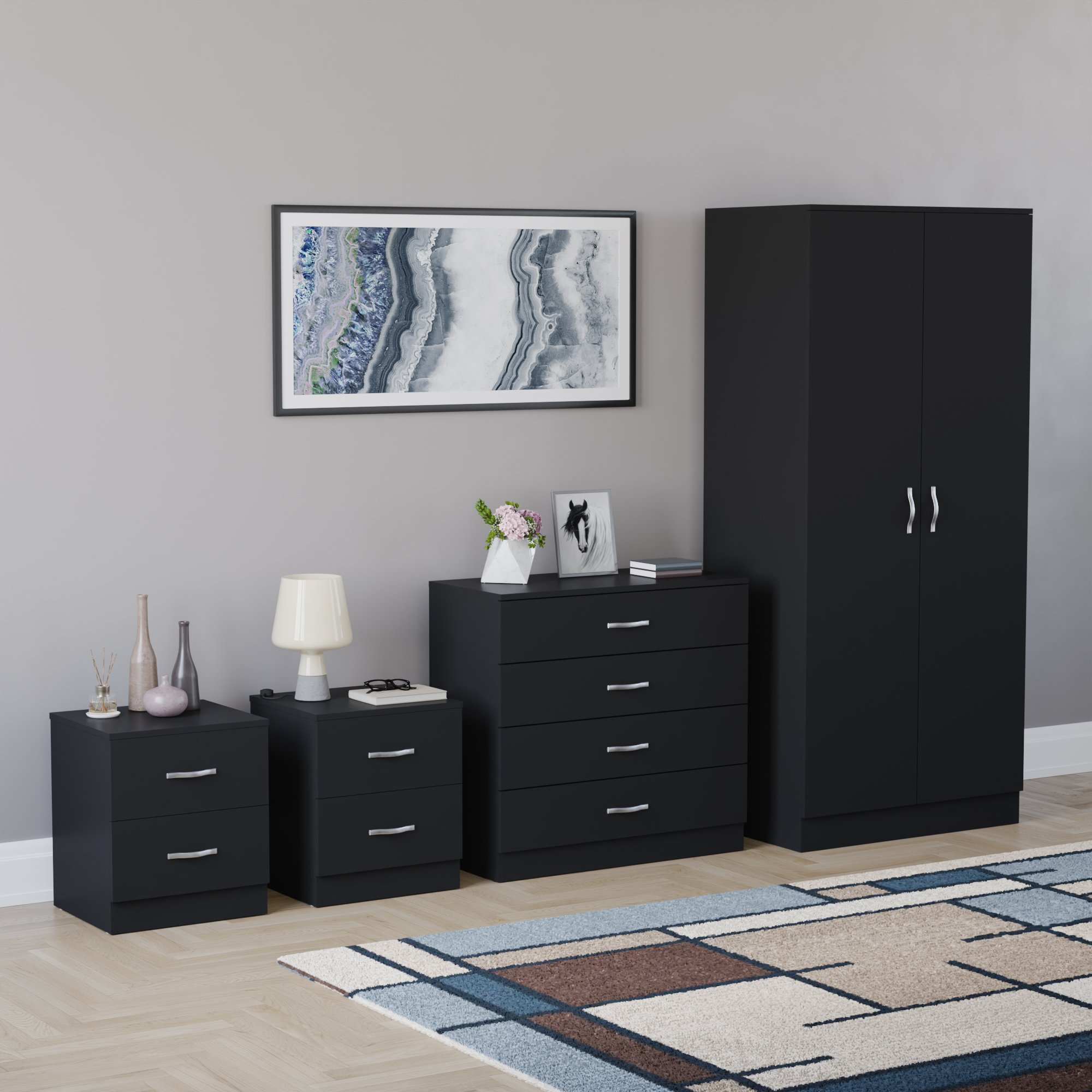 Vida Designs Riano Bedroom Set (Bedsides, 4 Drawer Chest, 2 Door Wardrobe)-Black