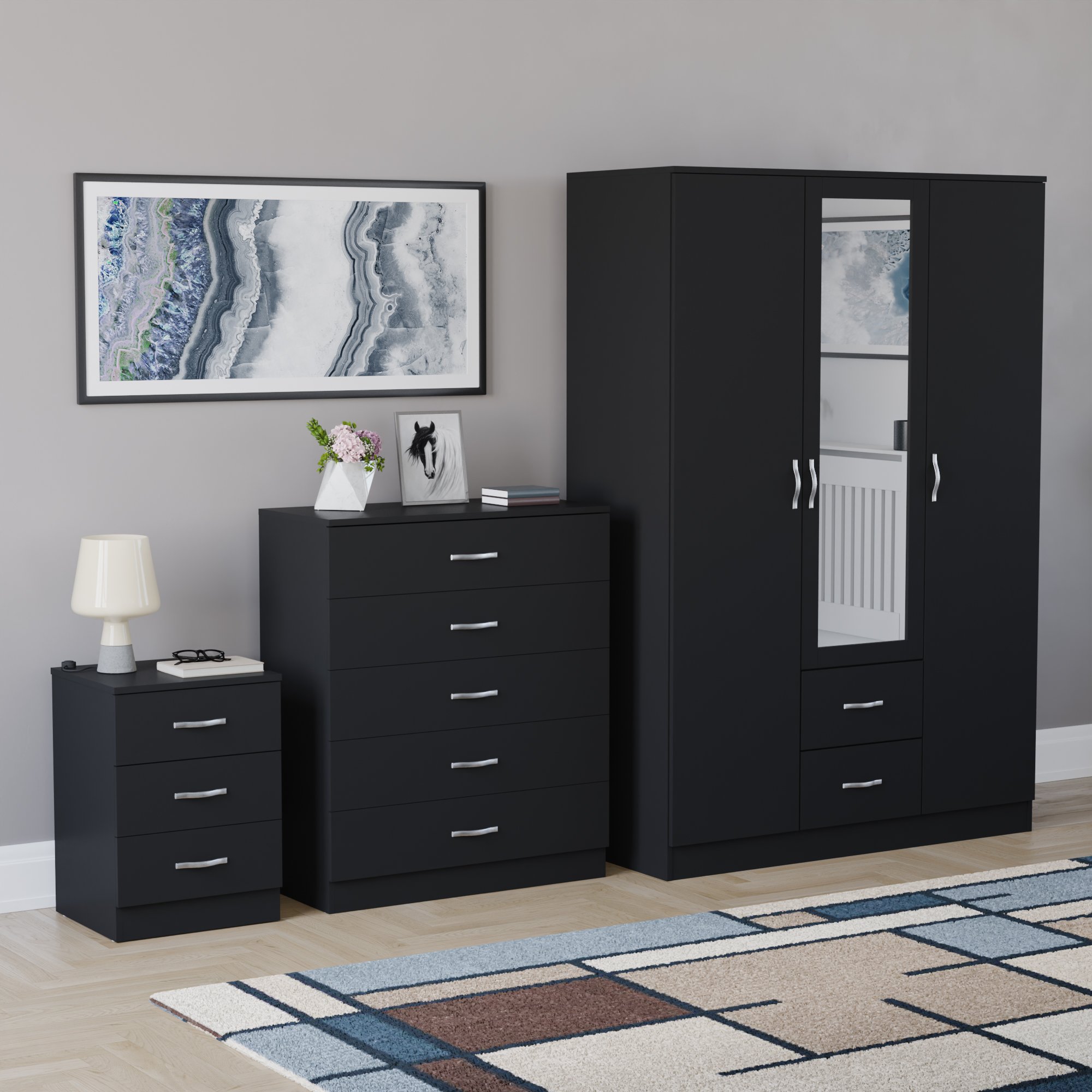 Vida Designs Riano Bedroom Set (Bedside, 5 Drawer Chest, Mirror Wardrobe)- Black
