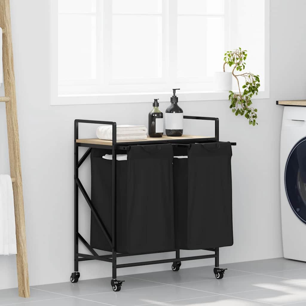 Walplus Laundry Basket 2 Compartments with Wheels - Sonoma Oak - 67 x 33 x 82 cm