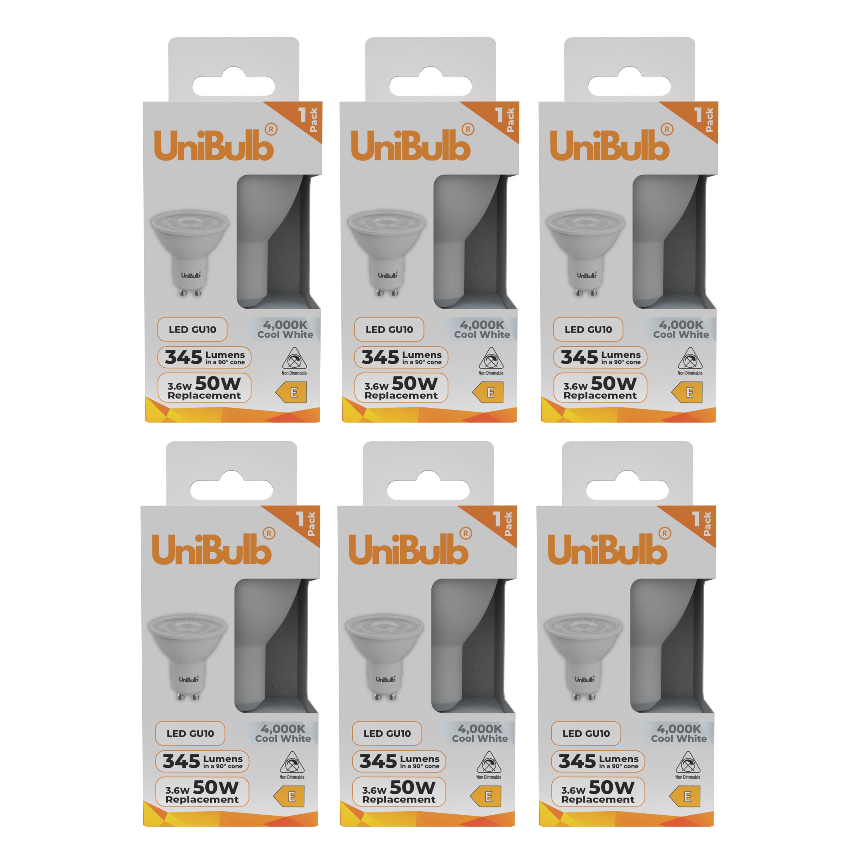 UniBulb 3.6W LED Cool White Spotlight GU10 Light Bulb - Pack of 6