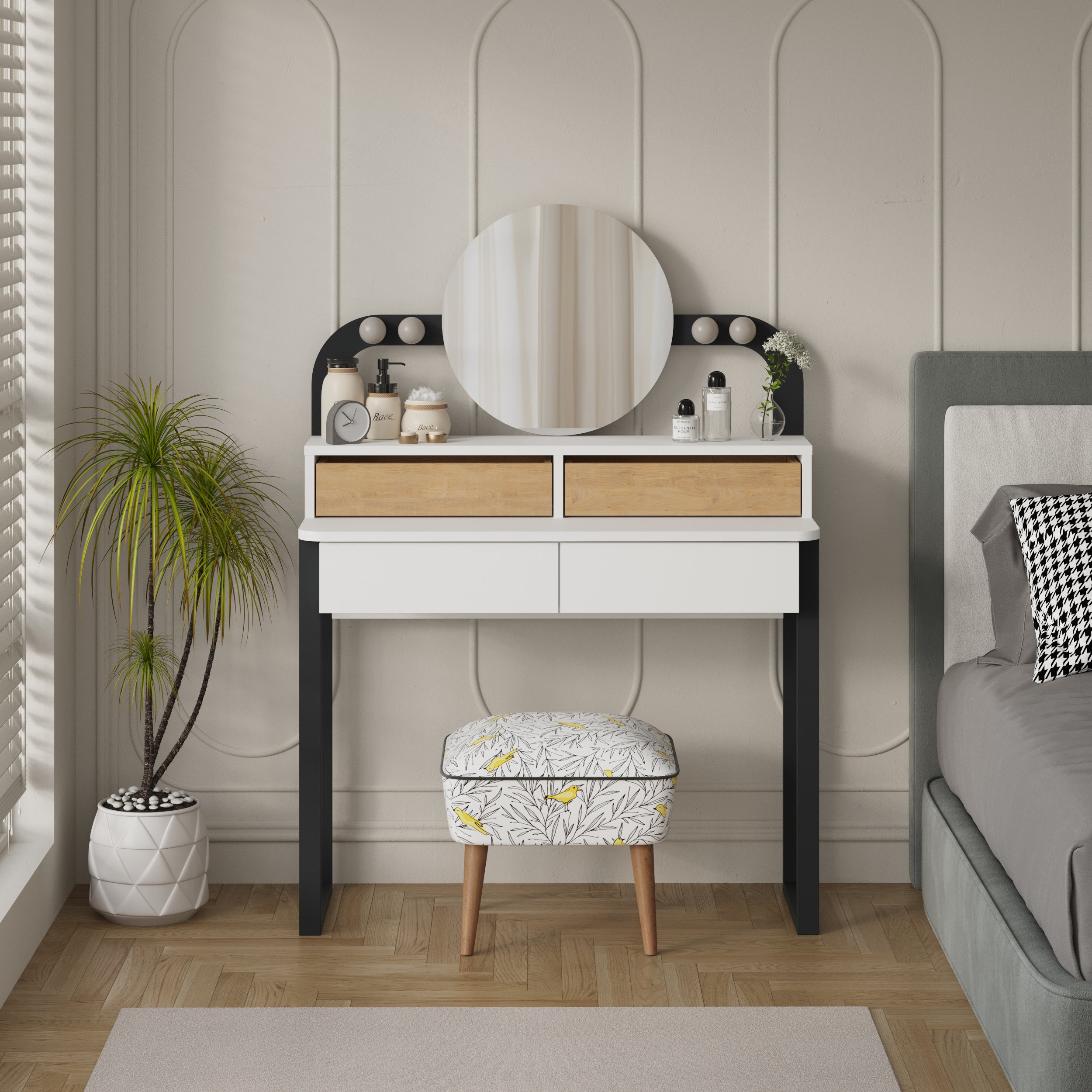 Decortie Lora Dressing Table with Mirror and 2 Drawers - White and Oak