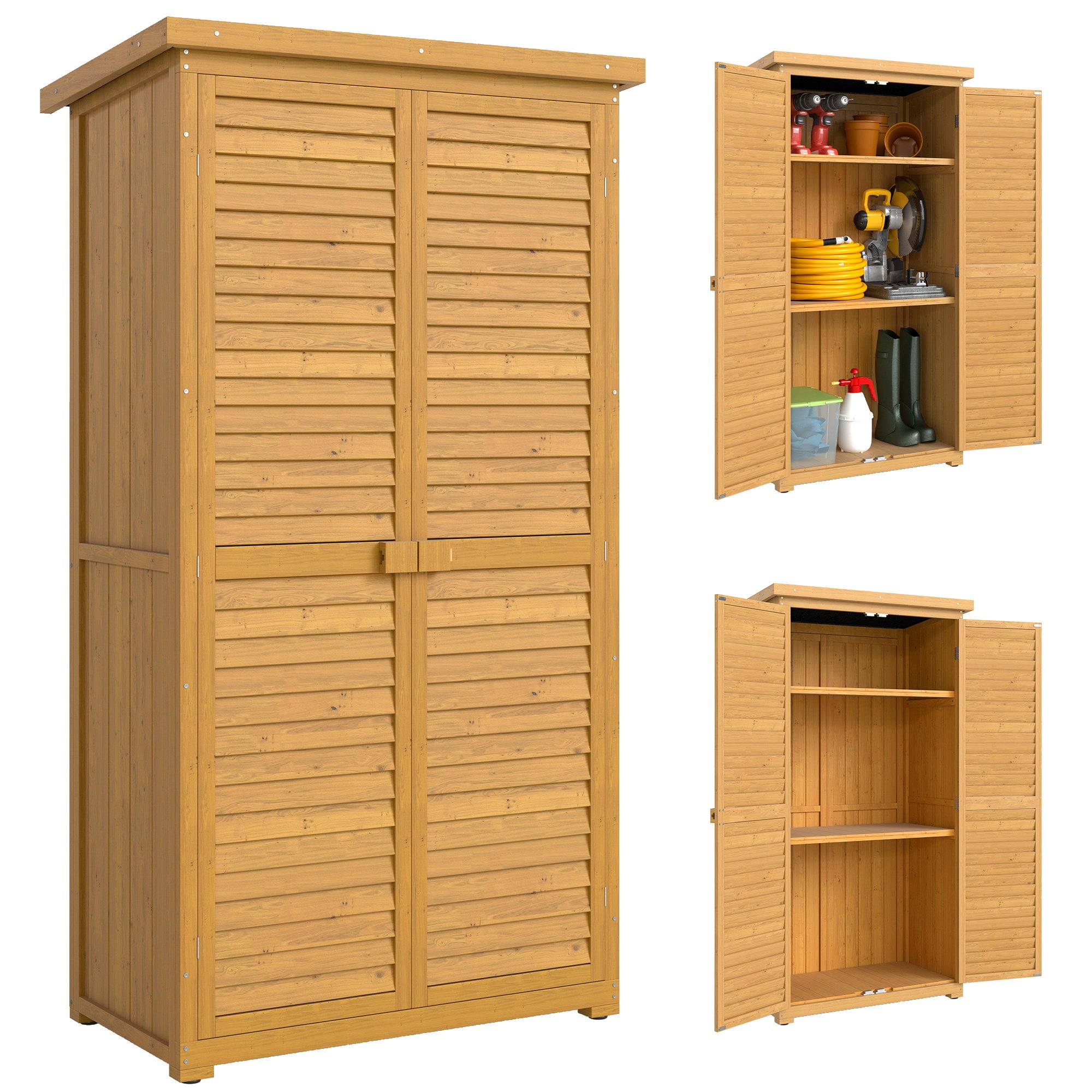Outsunny Wooden Garden Shed with Asphalt Roof and Shutter Doors - Natural Wood