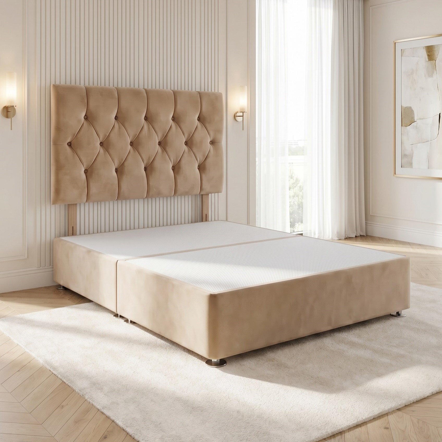 Somnior Chester Velvet Single Divan Bed with Headboard - Beige