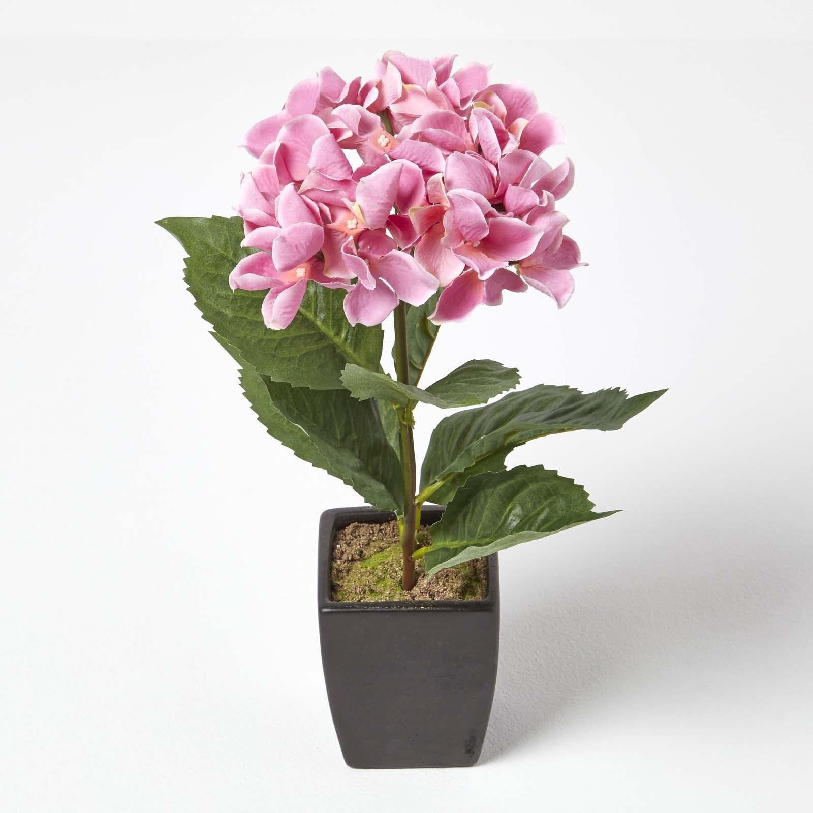 Homescapes Handcrafted Artificial Hydrangea in Matte Black Pot - Pink