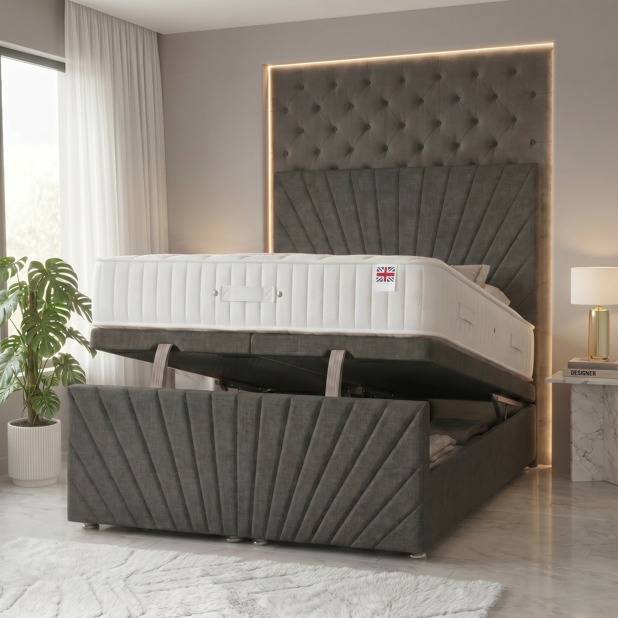 Somnior Linen Double Ottoman Divan Bed with Memory Mattress - Charcoal