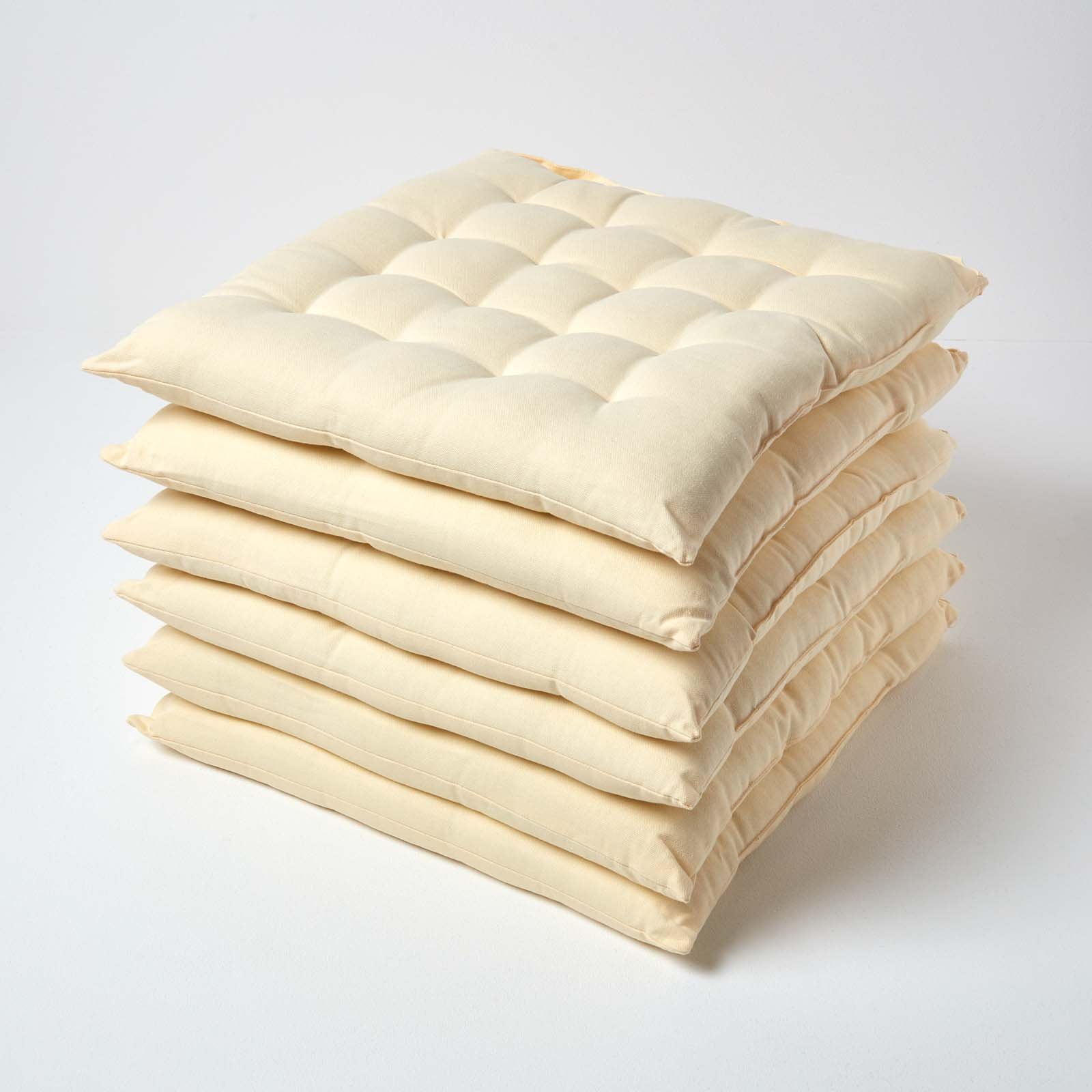 Homescapes Pack of 6 Cotton Seat Pad Chair Cushions - Cream