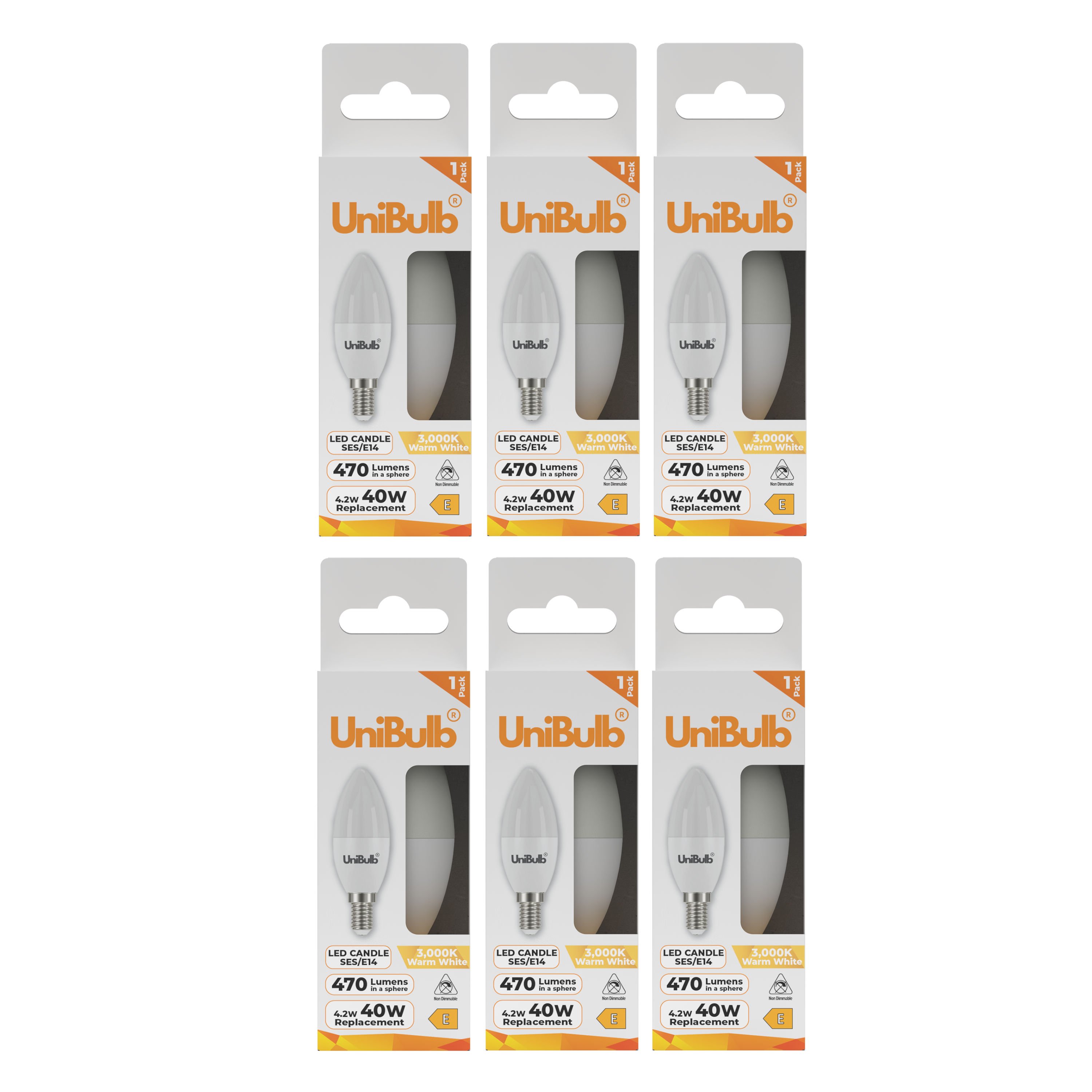 UniBulb 4.2W LED Warm White Candle E14 Light Bulb - Pack of 6