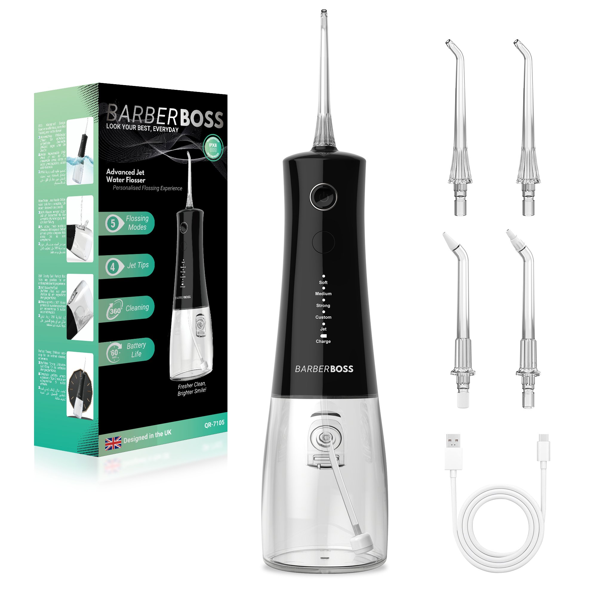 BarberBoss Advanced Jet Water Flosser Black - 5 Modes & 4 Jet Tips