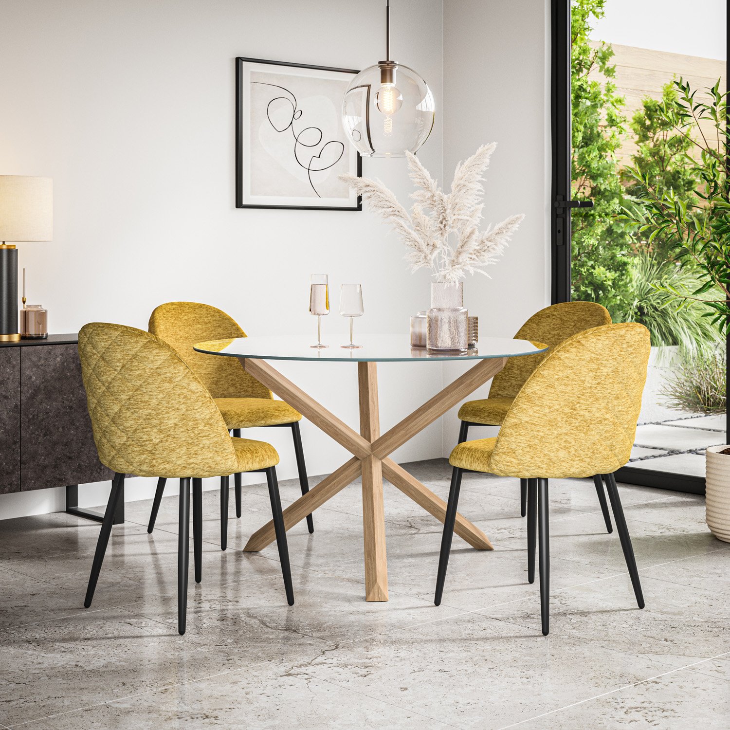 Furniture Online Malvern Round Glass Dining Table & 4 Raye Mustard Chairs