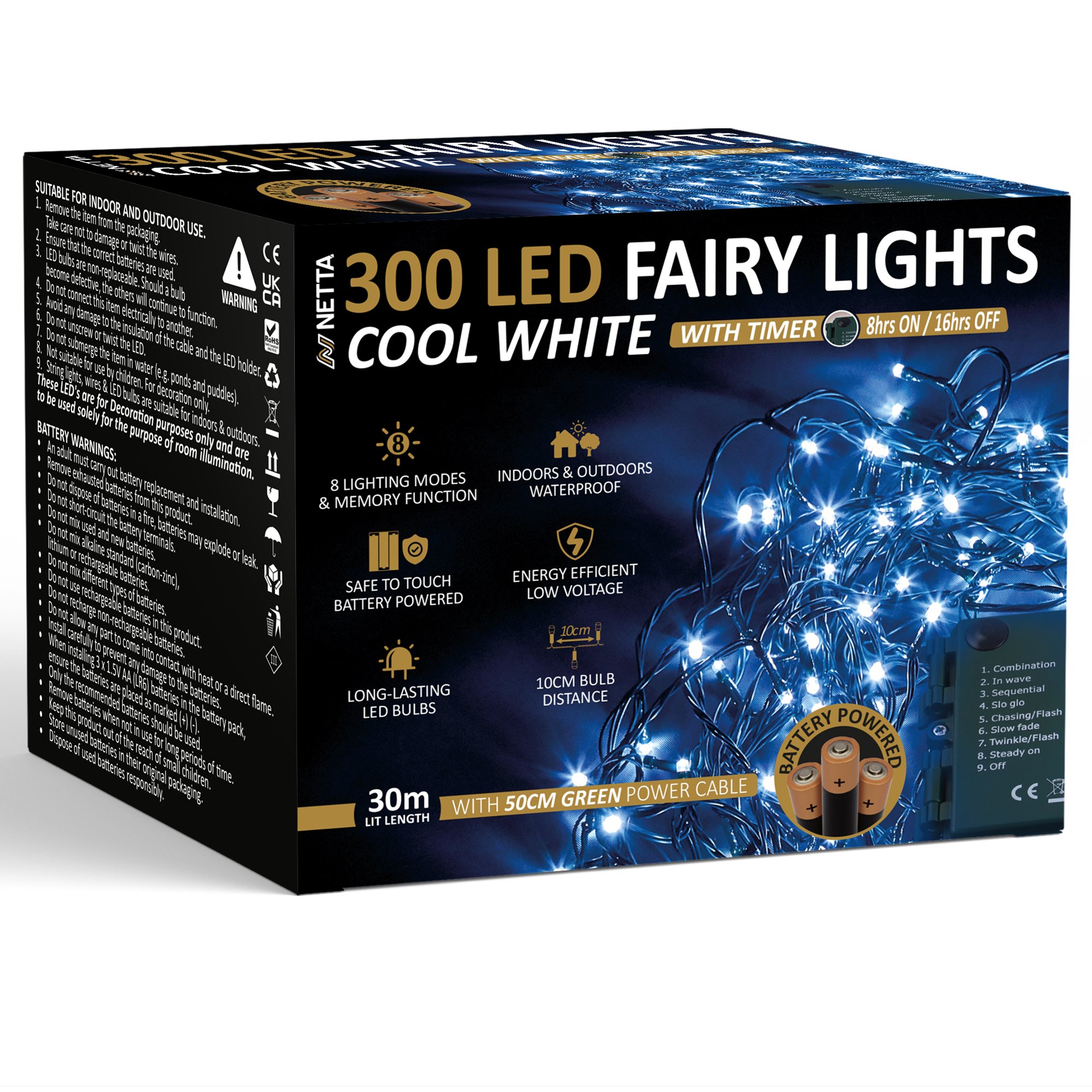NETTA 30m 300 LED Battery Operated Christmas Fairy Lights - Cool White