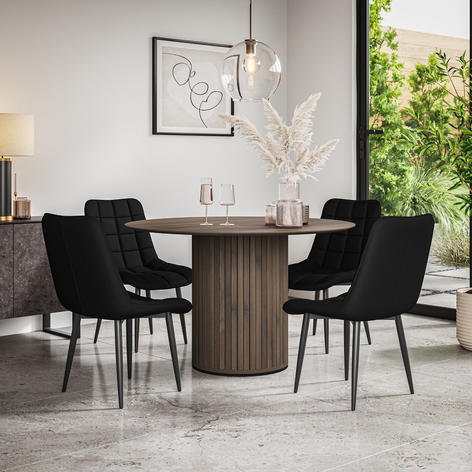 Furniture Online Arlo Nova Walnut Top w Wal Legs Dining Table & 6 Black Chairs