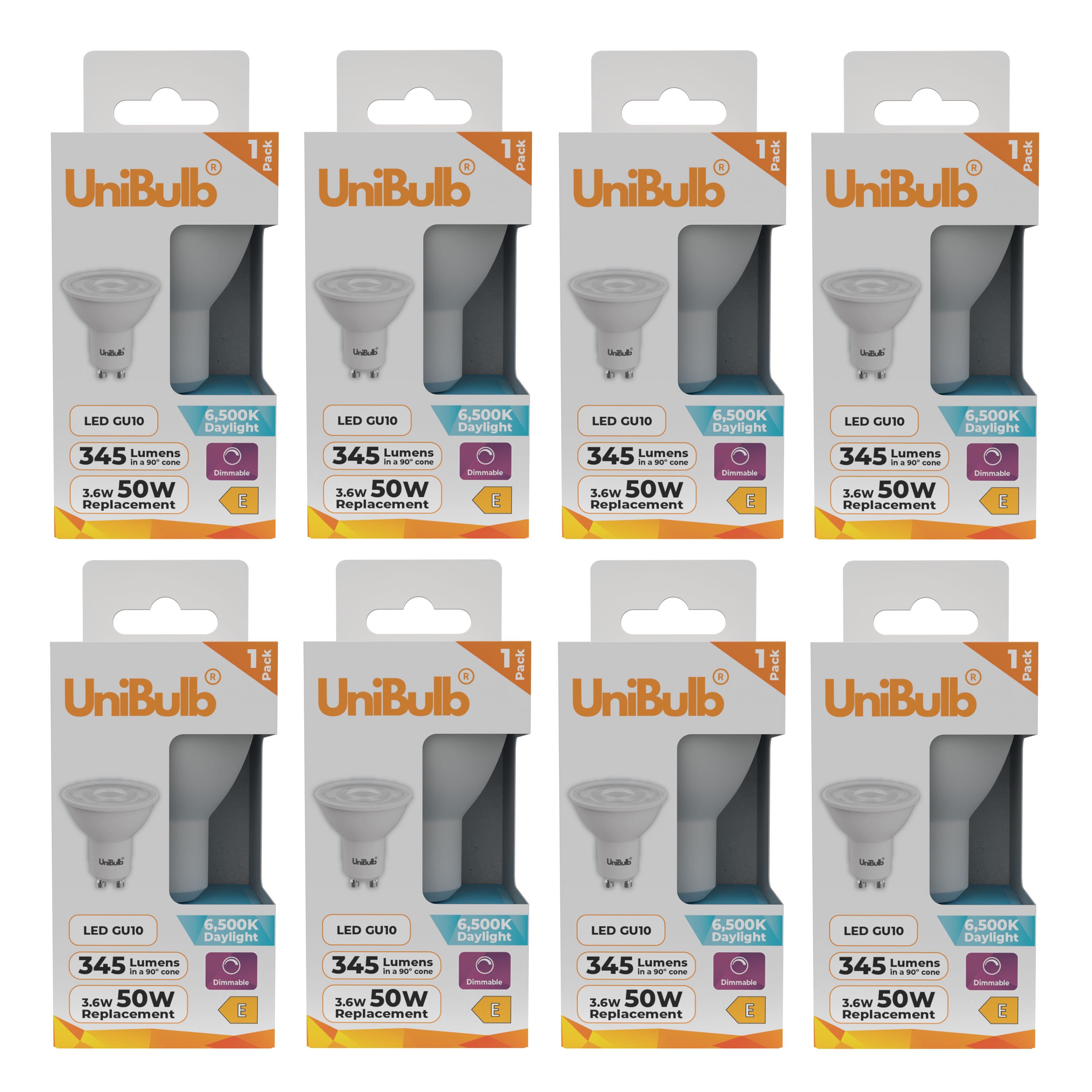 UniBulb 3.6W LED Daylight Dimmable Spotlight GU10 Light Bulb - Pack of 8