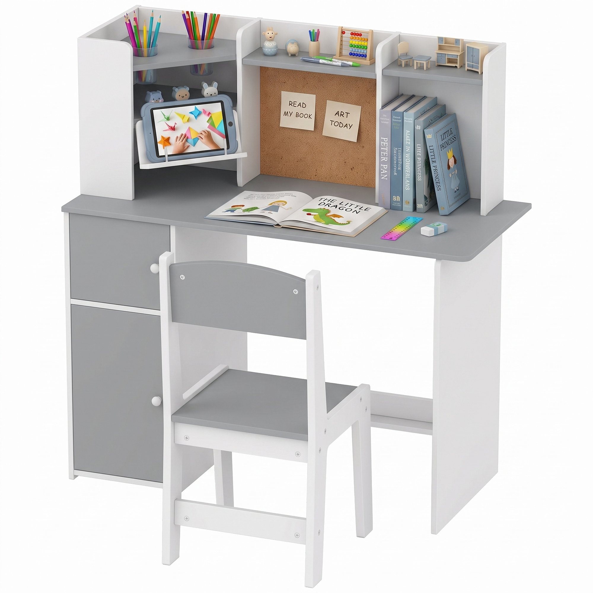 AIYAPLAY 5-12 Years MDF Storage Kids Desk and Chair Set – Grey
