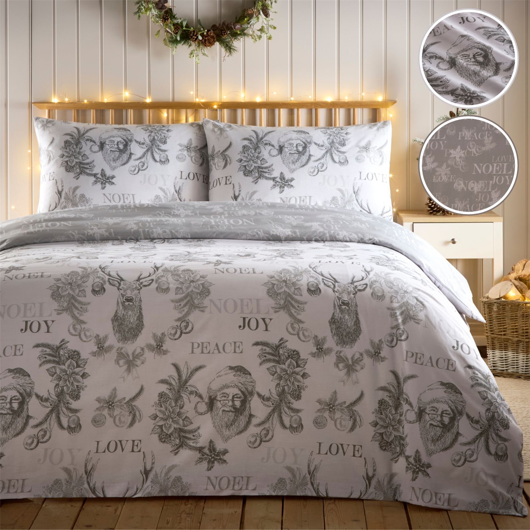 HomeSpace Direct Santa Joy Silver Duvet Cover Set - Single