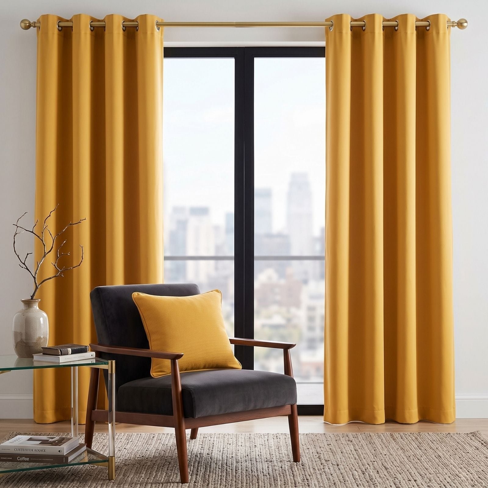 Homescapes Mustard Yellow Plain Cotton Eyelet Curtains - 117cm x 137cm