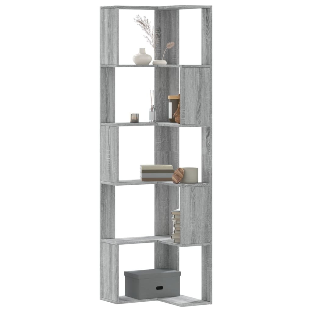 Walplus 5 Tier Engineered Wood Corner Bookcase - Grey and Oak - 50 x 50 x 179 cm