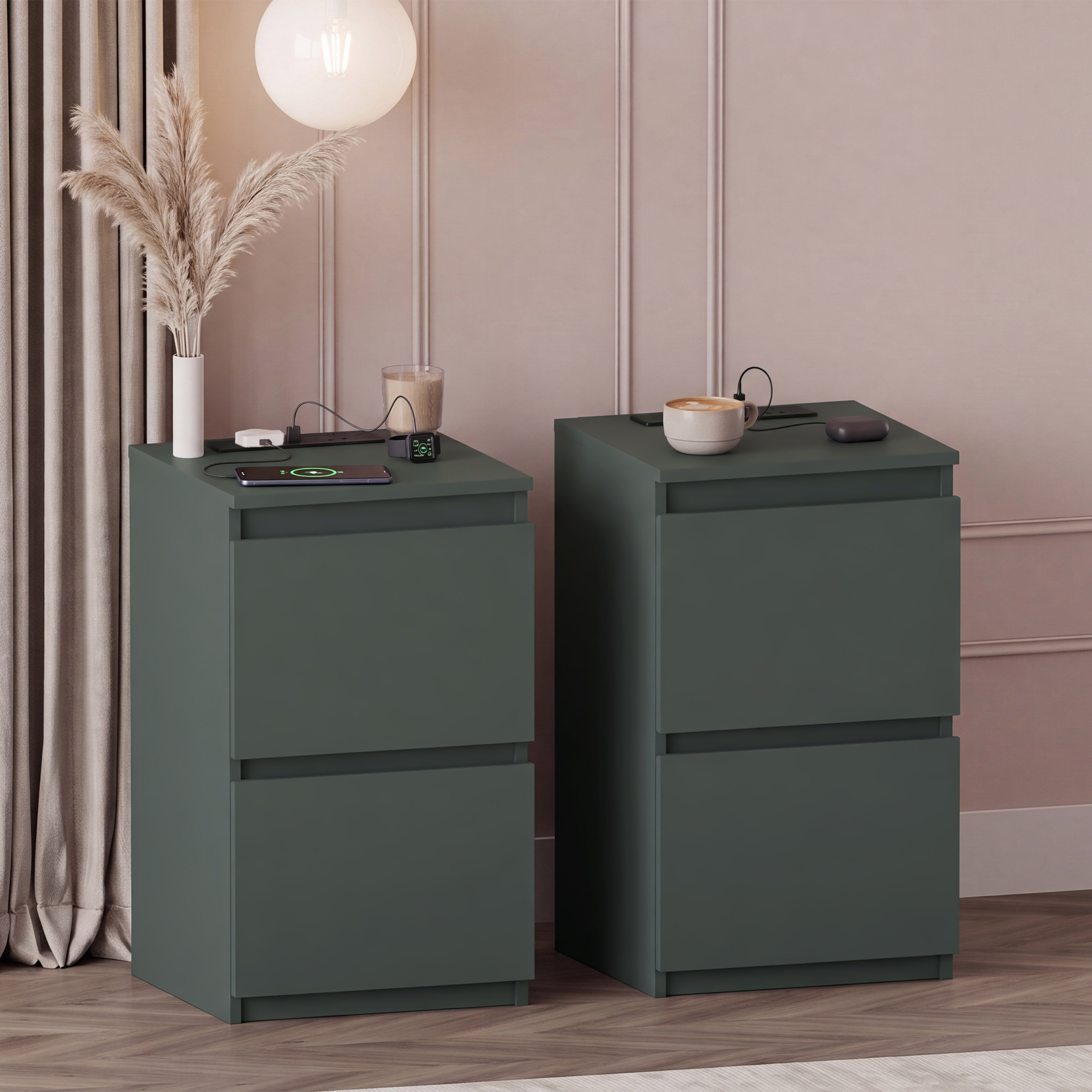 Vida Designs Denver 2 Drawer Bedside Chest With Power Outlet Set of 2 - Green