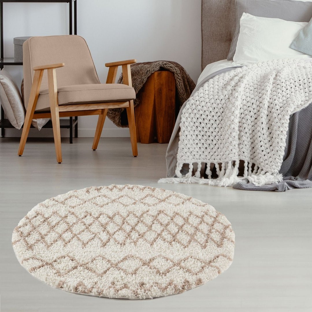 The Rugs  Cream and Beige Moroccan Shaggy Tangier Round Rug - 120cm
