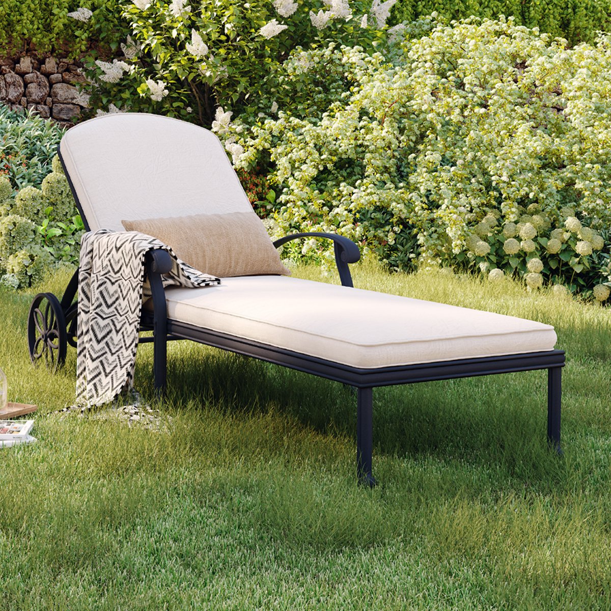 Charles Bentley Cast Aluminium Recliner Sun Lounger - Beige/Black