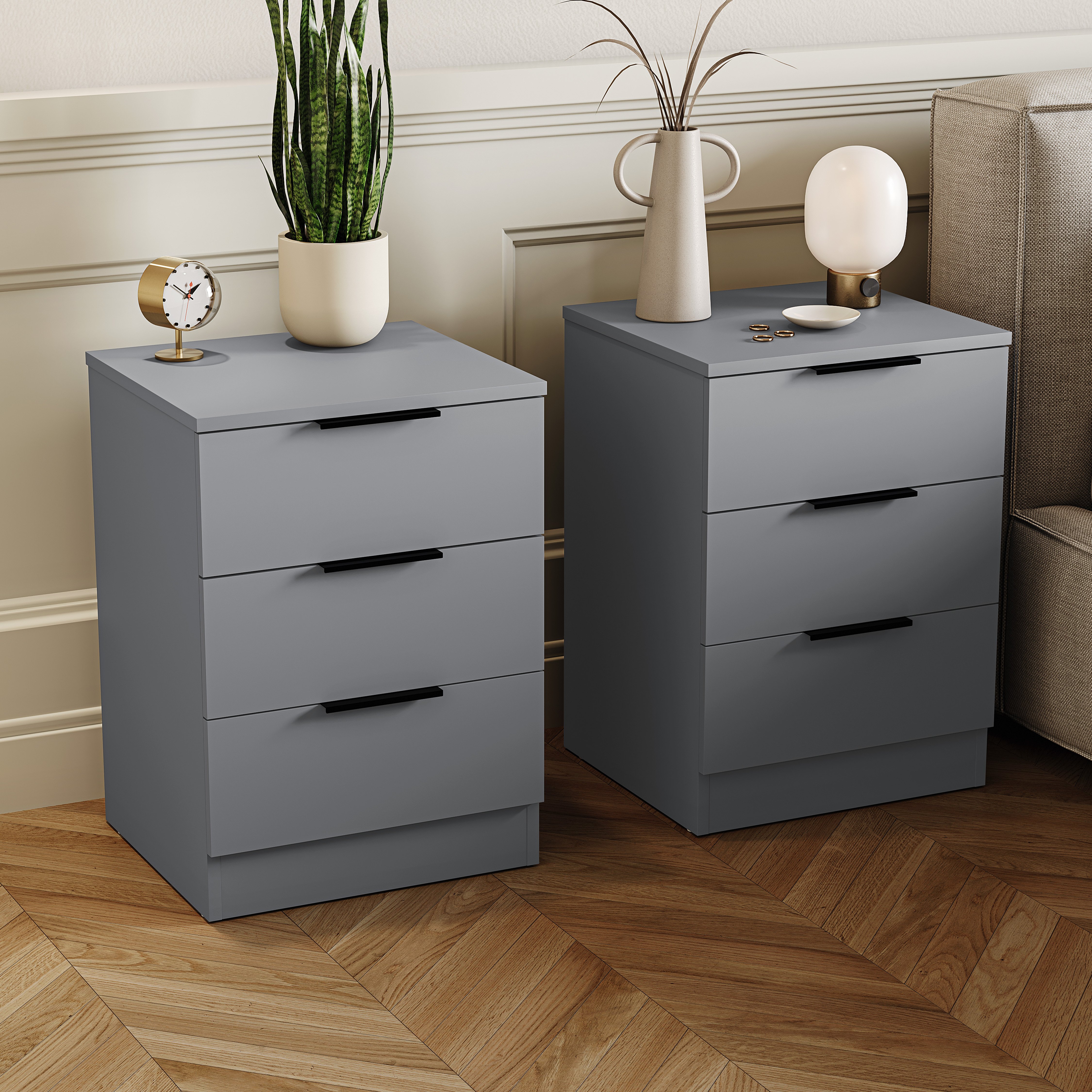 Vida Designs Trega 3 Drawer Bedside Chest Set Of 2 - Grey